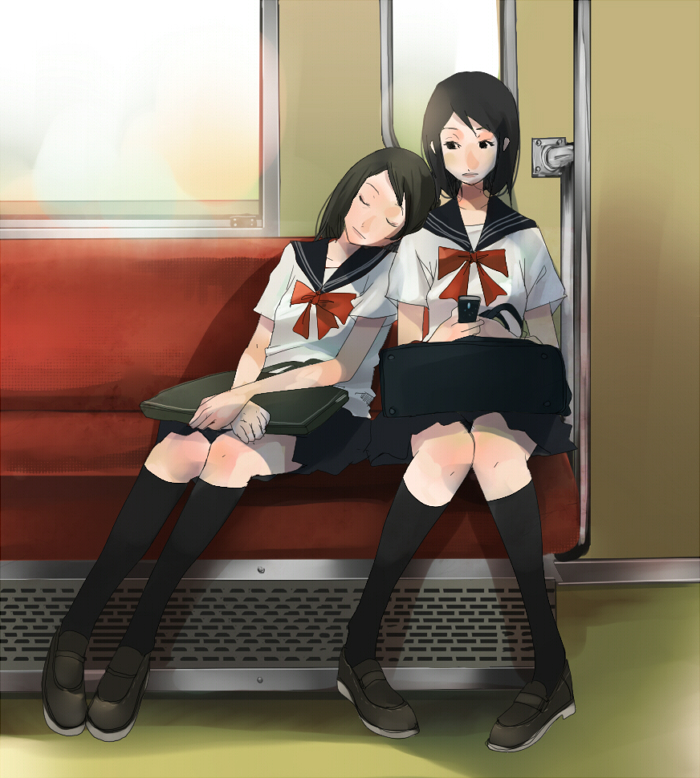 shigureteki, original, 2girls, black hair, brown hair, cellphone, kneehighs, legs, multiple girls, phone, school uniform, sitting, skirt, sleeping, sleeping upright, socks, train, train interior