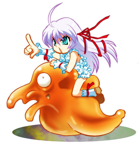 al azif (demonbane), dunsany, demonbane, lowres, 00s, 1girl, ahoge, female focus, green eyes, hair ribbon, long hair, pointing, purple hair, ribbon, slime (creature), solo