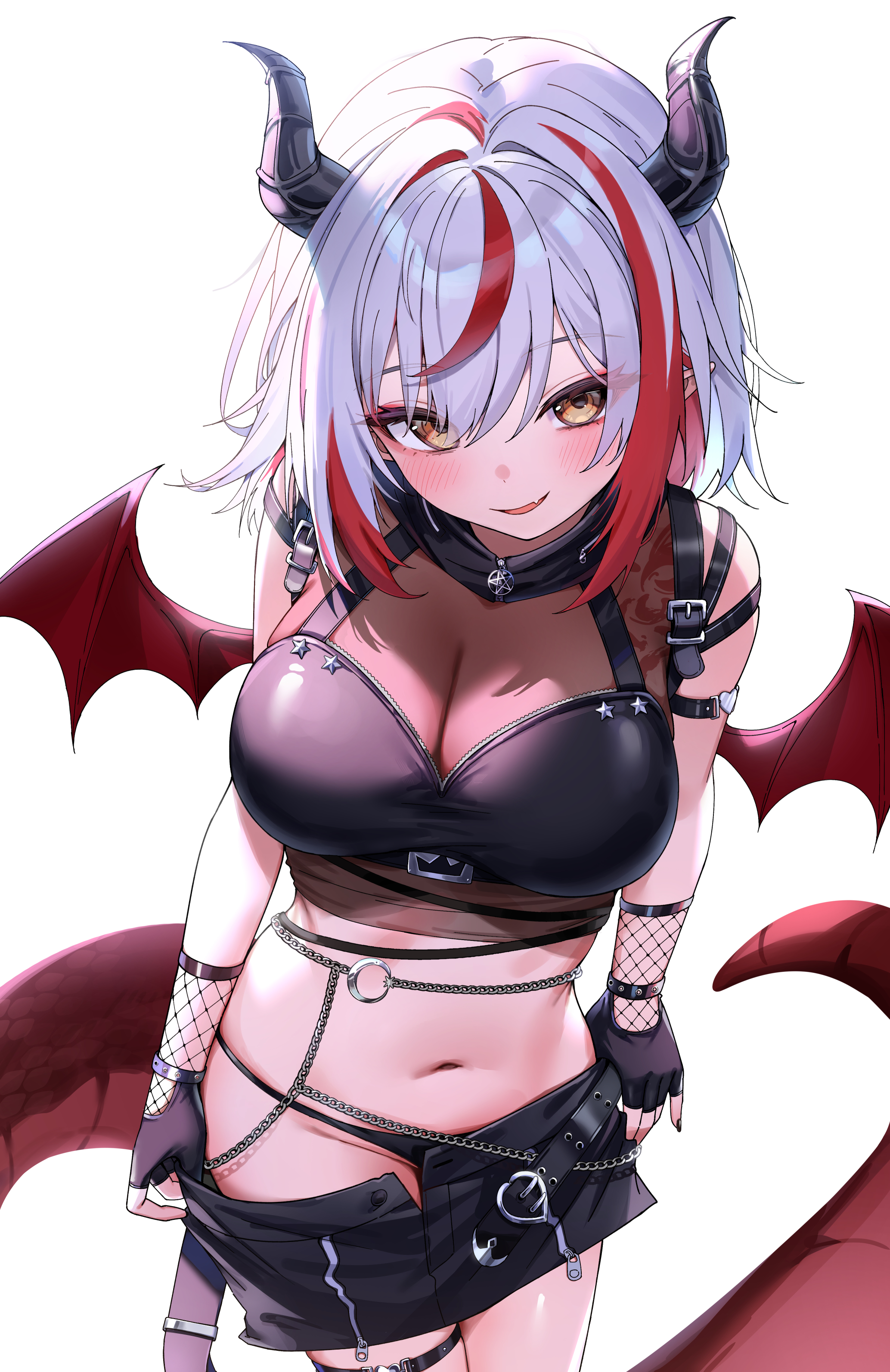 bu leike, original, absurdres, highres, 1girl, bare shoulders, black gloves, black panties, black shirt, black shorts, breasts, cleavage, cowboy shot, crop top, dragon horns, dragon tail, dragon wings, fang, fingerless gloves, fishnets, gloves, horns, large breasts, looking at viewer, medium hair, midriff, multicolored hair, nail polish, navel, open fly, open mouth, panties, pointy ears, see-through cleavage, see-through clothes, shirt, short shorts, shorts, sleeveless, sleeveless shirt, smile, solo, stomach, streaked hair, string panties, tail, thigh strap, underwear, undressing, white hair, wings, yellow eyes