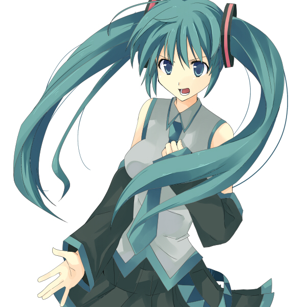aputomu77, hatsune miku, vocaloid, 1girl, aqua hair, blue eyes, detached sleeves, female focus, long hair, necktie, skirt, solo, twintails