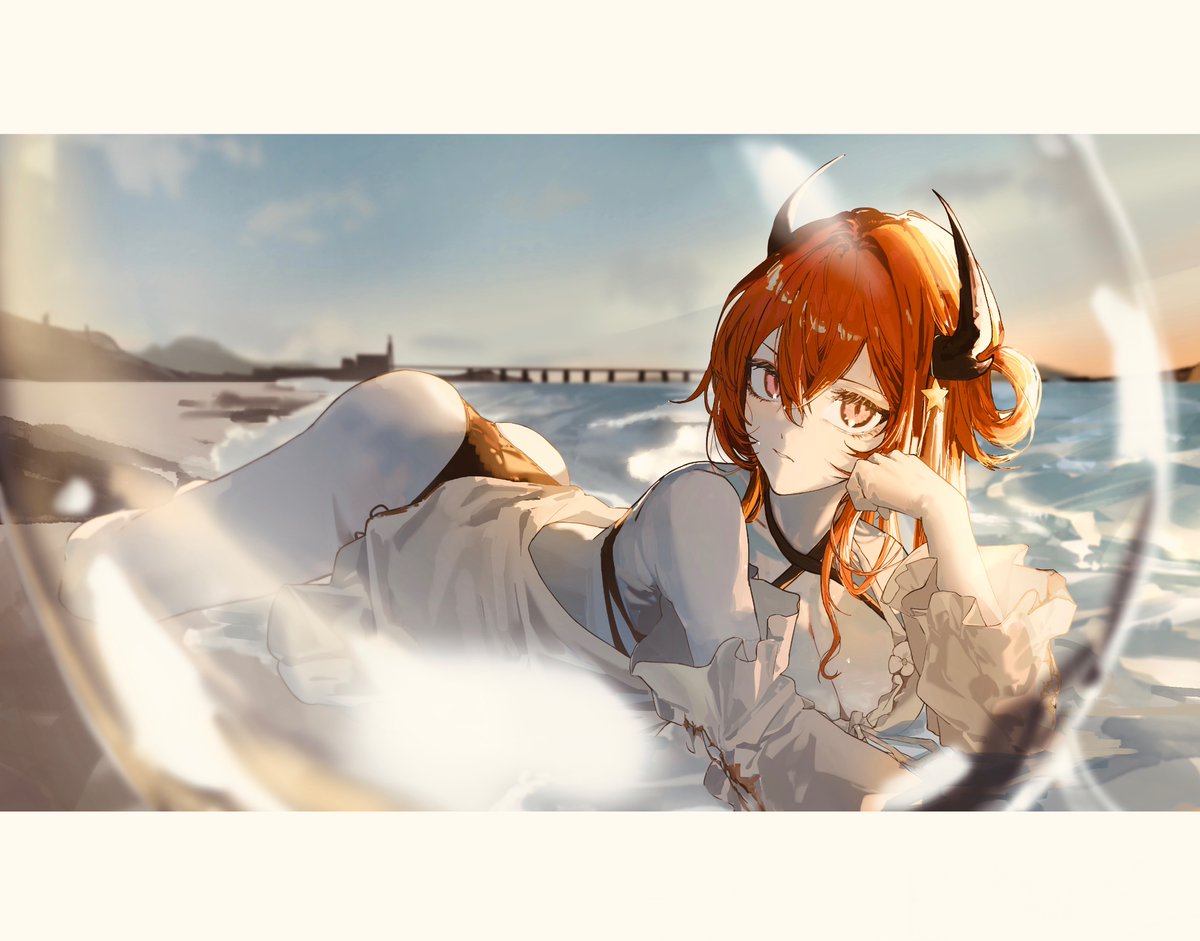 hjm matsukasa, surtr (arknights), surtr (colorful wonderland) (arknights), arknights, commentary request, 1girl, ass, bare shoulders, bikini, black bikini, blue sky, breasts, cleavage, closed mouth, cowboy shot, criss-cross halter, demon horns, detached sleeves, expressionless, hair ornament, halterneck, hand up, horns, large breasts, letterboxed, long hair, long sleeves, looking at viewer, lying, official alternate costume, on stomach, outdoors, purple eyes, red hair, side-tie bikini bottom, sky, solo, star (symbol), star hair ornament, swimsuit, swimsuit cover-up, thong bikini