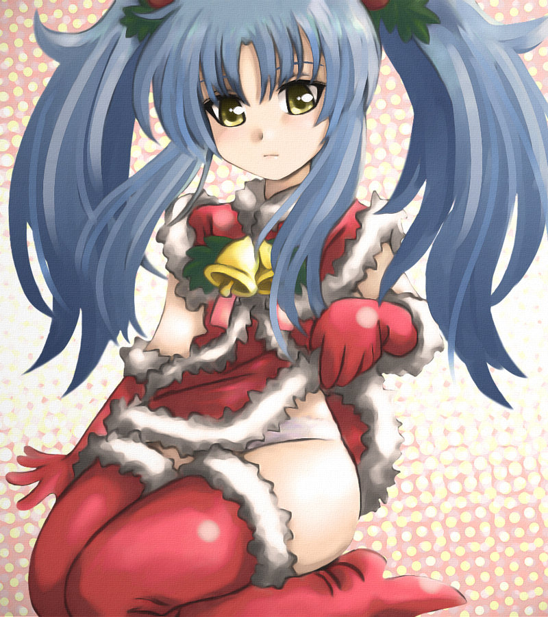ebi tendon, hoshino ruri, kidou senkan nadesico, capelet, christmas, clothes lift, santa costume, skirt, skirt lift, solo, thighhighs