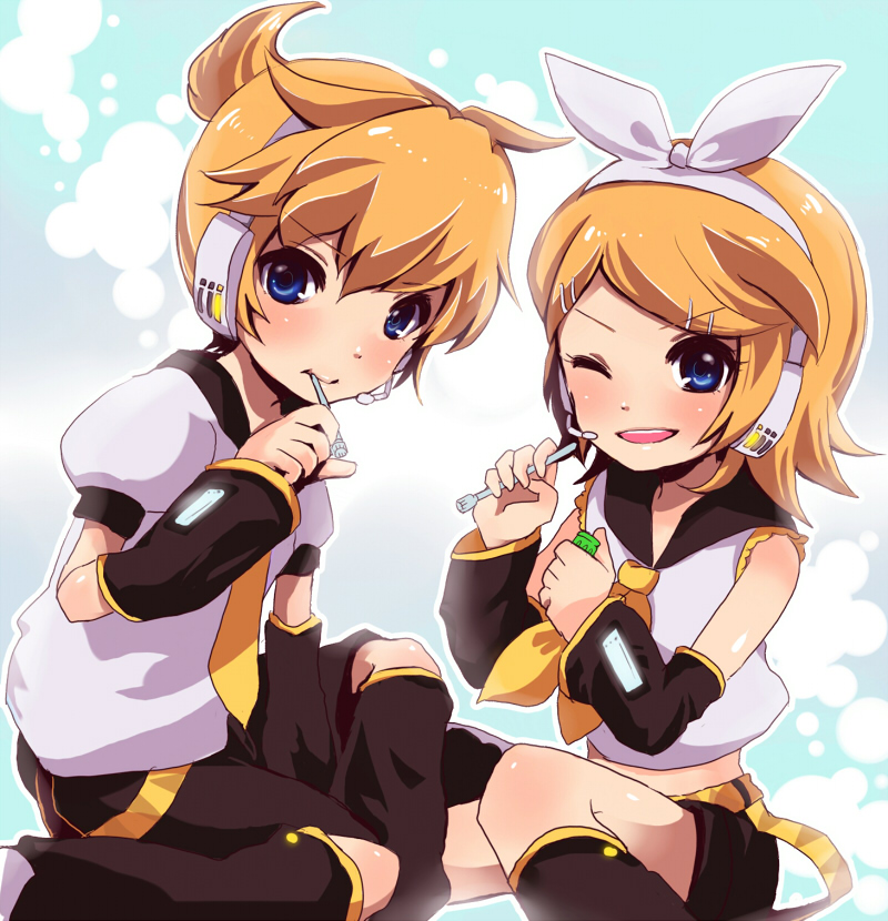 masaki (celesta), kagamine len, kagamine rin, vocaloid, bad id, bad pixiv id, 1boy, 1girl, brother and sister, siblings, sisters, twins