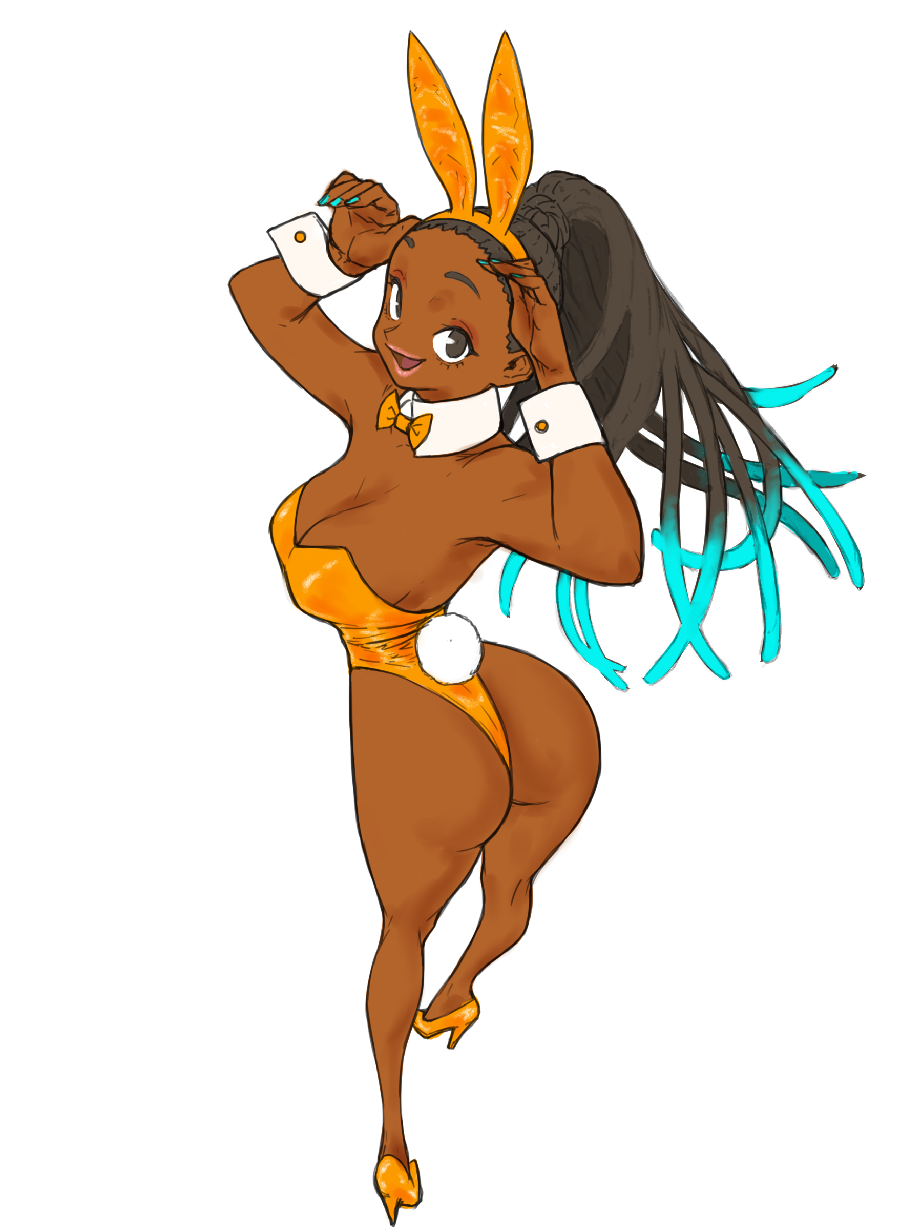 toshinoshin, kimberly jackson, street fighter, street fighter 6, highres, 1girl, alternate costume, animal ears, ass, bare legs, bare shoulders, bikini, black eyes, black hair, blue nails, bow, bowtie, braid, breasts, curvy, dark-skinned female, dark skin, detached collar, eyelashes, fake animal ears, fake tail, from above, highleg, highleg leotard, huge ass, large breasts, leotard, lips, long hair, looking back, official alternate costume, open mouth, playboy bunny, rabbit ears, rabbit pose, rabbit tail, simple background, smile, standing, strapless, strapless leotard, swimsuit, tail, thong leotard, very long hair, white background, wide hips, yellow bikini, yellow leotard