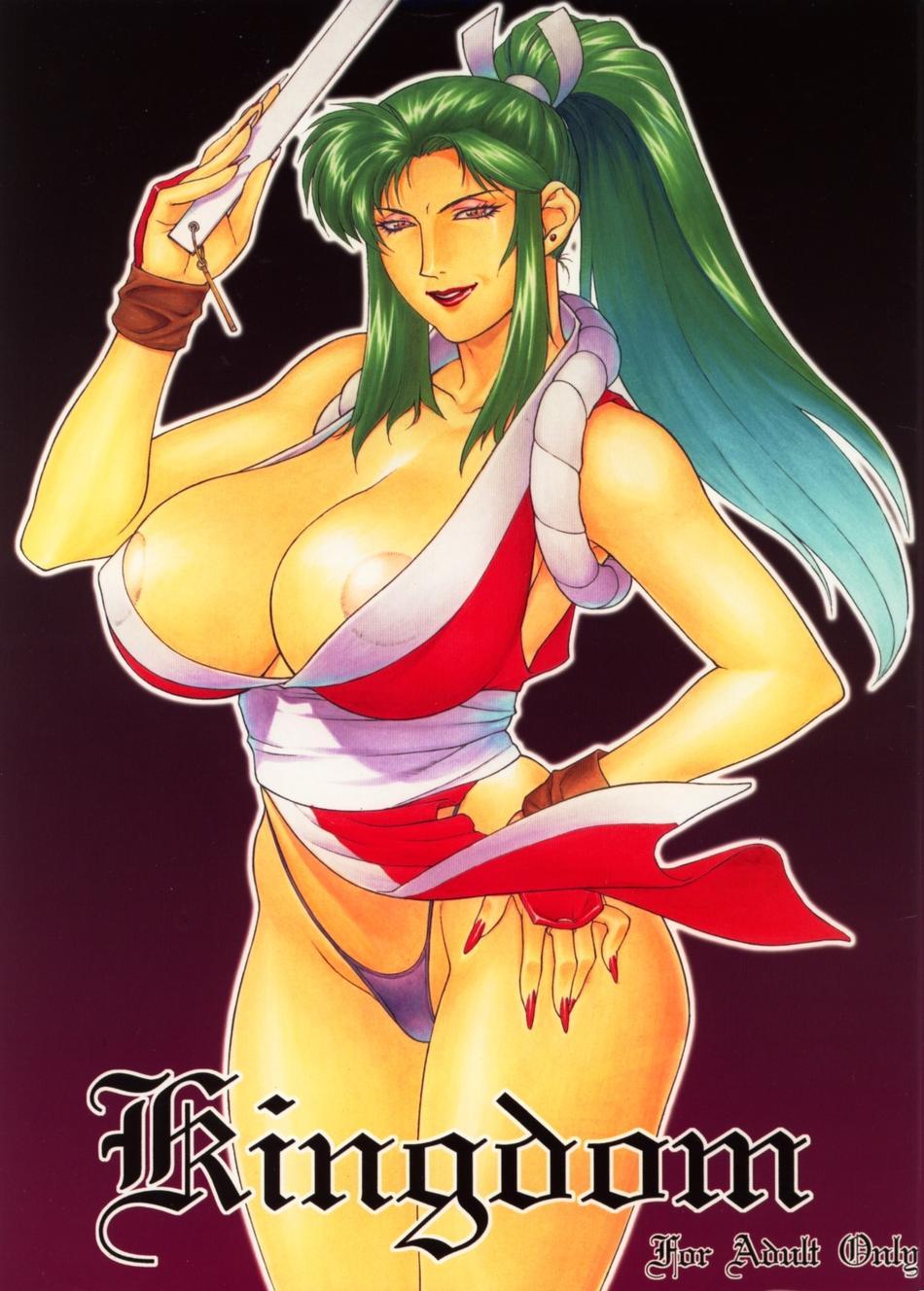 motchie, cima garahau, shiranui mai, gundam, gundam 0083, snk, the king of fighters, highres, 1girl, breasts, cleavage, cosplay, female focus, g-string, green hair, hand fan, huge breasts, japanese clothes, lipstick, makeup, nail polish, nipple slip, nipples, panties, ponytail, shiranui mai (cosplay), solo, thong, underwear