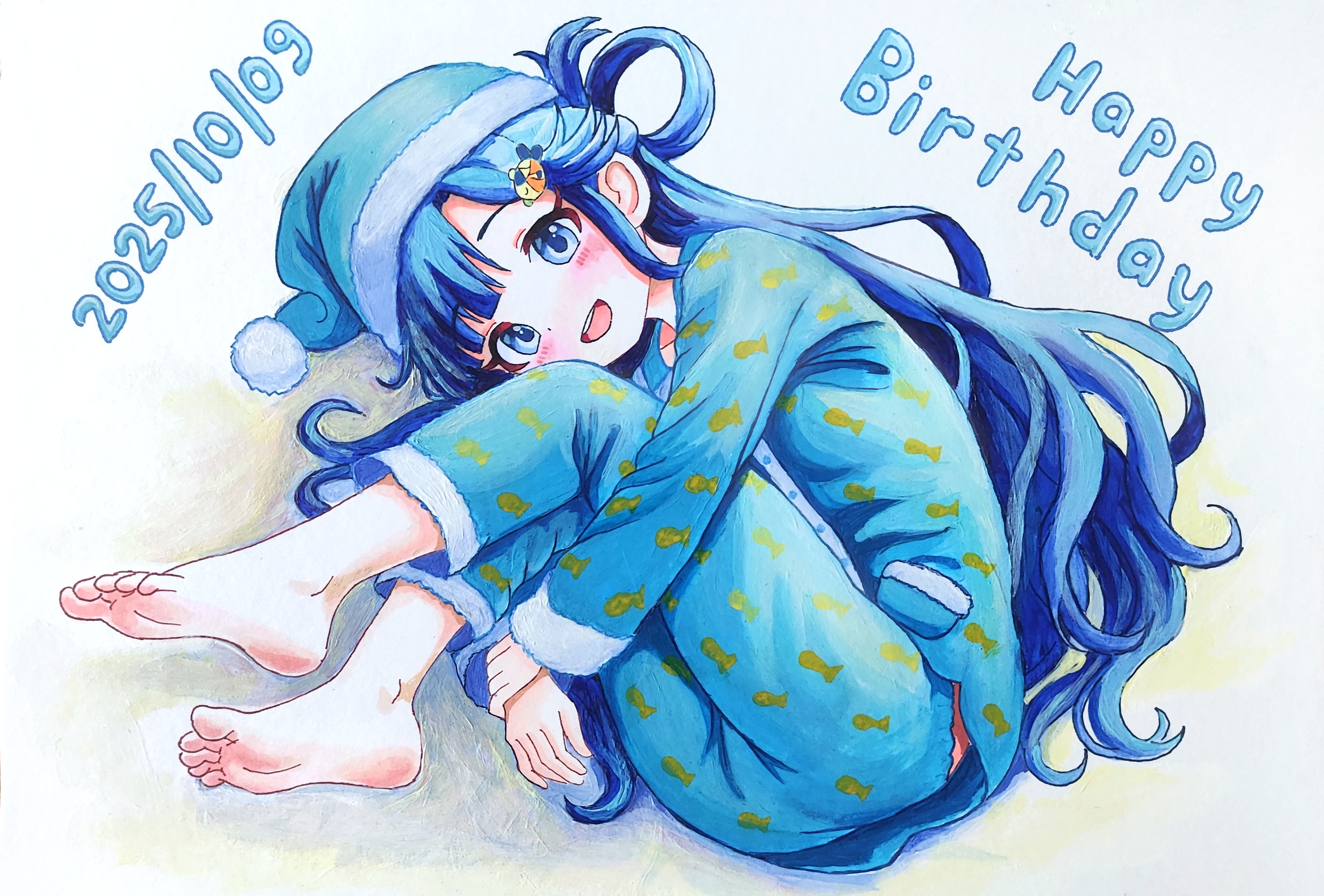 solmyr2000, asari nanami, idolmaster, idolmaster cinderella girls, absurdres, commentary request, highres, 1girl, :d, animal print, barefoot, blue eyes, blue hair, blue hat, blue pajamas, dated, feet, fish hair ornament, fish print, full body, fur-trimmed headwear, fur trim, hair ornament, hair rings, happy birthday, hat, long hair, long sleeves, looking at viewer, lying, nightcap, on side, open mouth, pajamas, pom pom hat ornament, print pajamas, single hair ring, smile, solo, teeth, upper teeth only, very long hair