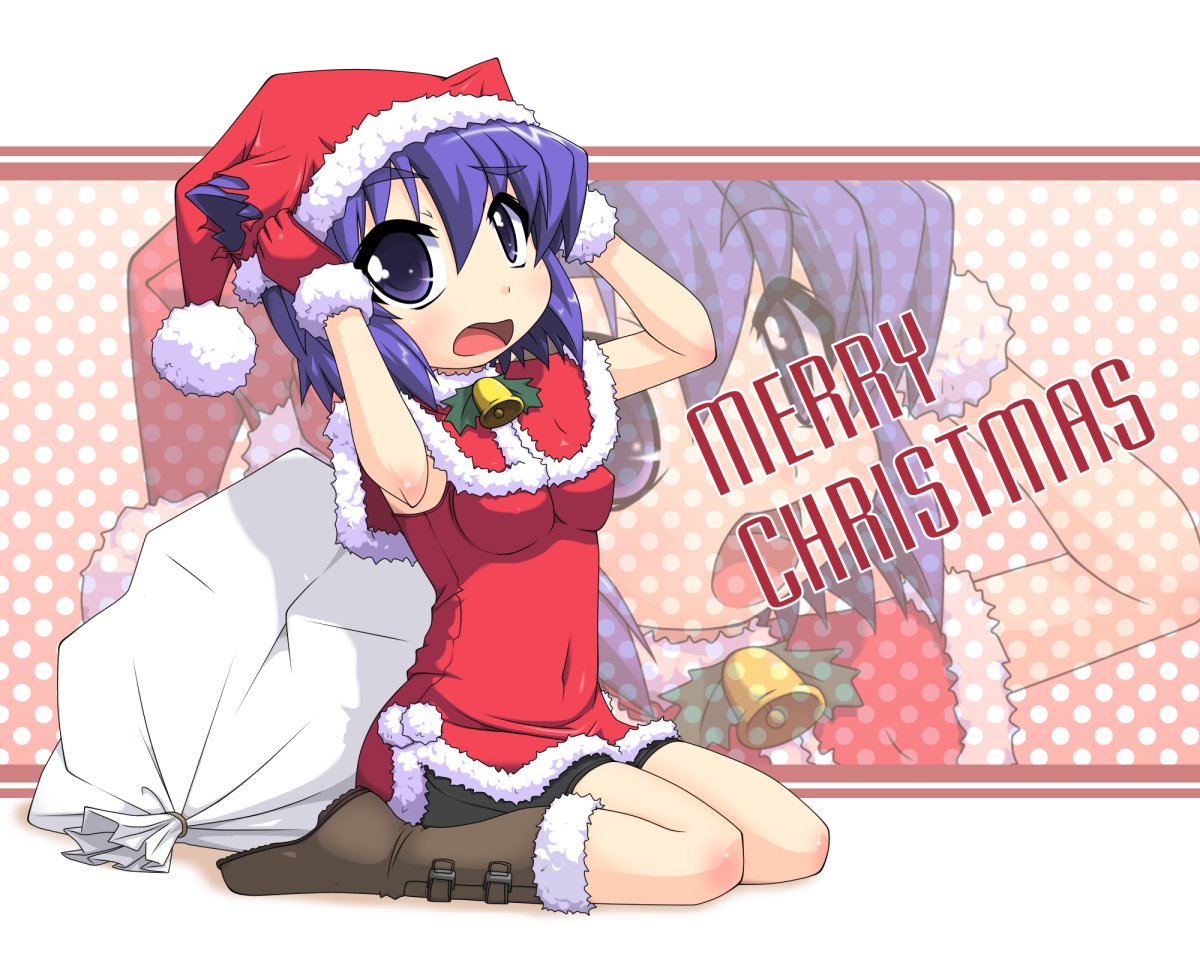 k10k, serizawa akane, pani poni dash!, 00s, 1girl, arms up, blush, breasts, christmas, covered navel, female focus, full body, fur trim, green eyes, hat, holly, looking at viewer, medium breasts, merry christmas, mistletoe, pom pom beanie, sack, santa costume, santa hat, short hair, sitting, solo, text focus, wariza