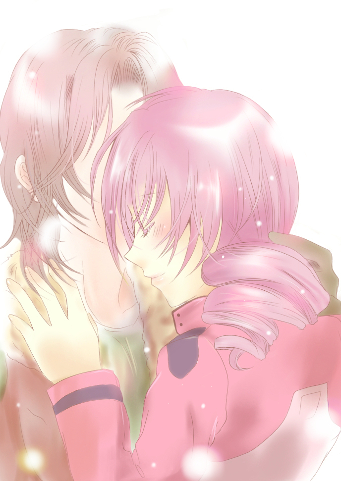 kanna (meronpan1108), feldt grace, lockon stratos, gundam, gundam 00, 00s, 1boy, 1girl, blush, brown hair, coat, couple, drill hair, hetero, hug, motion blur, pink hair, short hair, simple background, snowing, twin drills, upper body, white background, winter clothes, winter coat
