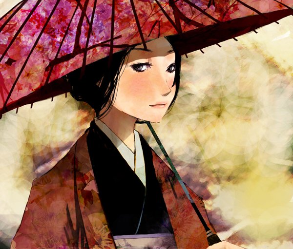 shigureteki, original, bad id, bad pixiv id, 1girl, black eyes, black hair, female focus, japanese clothes, kimono, oil-paper umbrella, solo, umbrella