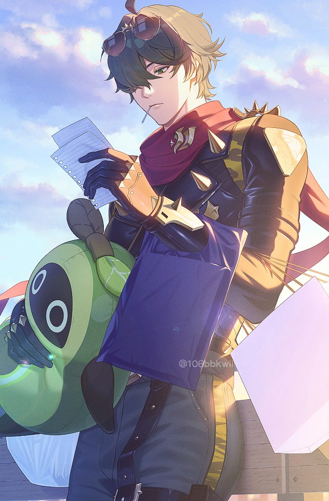 106bbkwii, avocaboo (zenless zone zero), bangboo (zenless zone zero), lighter (zenless zone zero), zenless zone zero, 1boy, bag, belt, black gloves, blue sky, cloud, cloudy sky, eyewear on head, gloves, green eyes, green hair, green pants, hair over one eye, holding, holding bag, holding paper, jacket, leather, leather jacket, looking at object, looking down, male focus, notes, pants, paper, pouch, red scarf, scarf, shopping bag, short hair, shoulder spikes, sky, solo, spiked jacket, spikes, studded gloves, stuffed toy, sunglasses, thigh pouch, toothpick, torn clothes, torn scarf