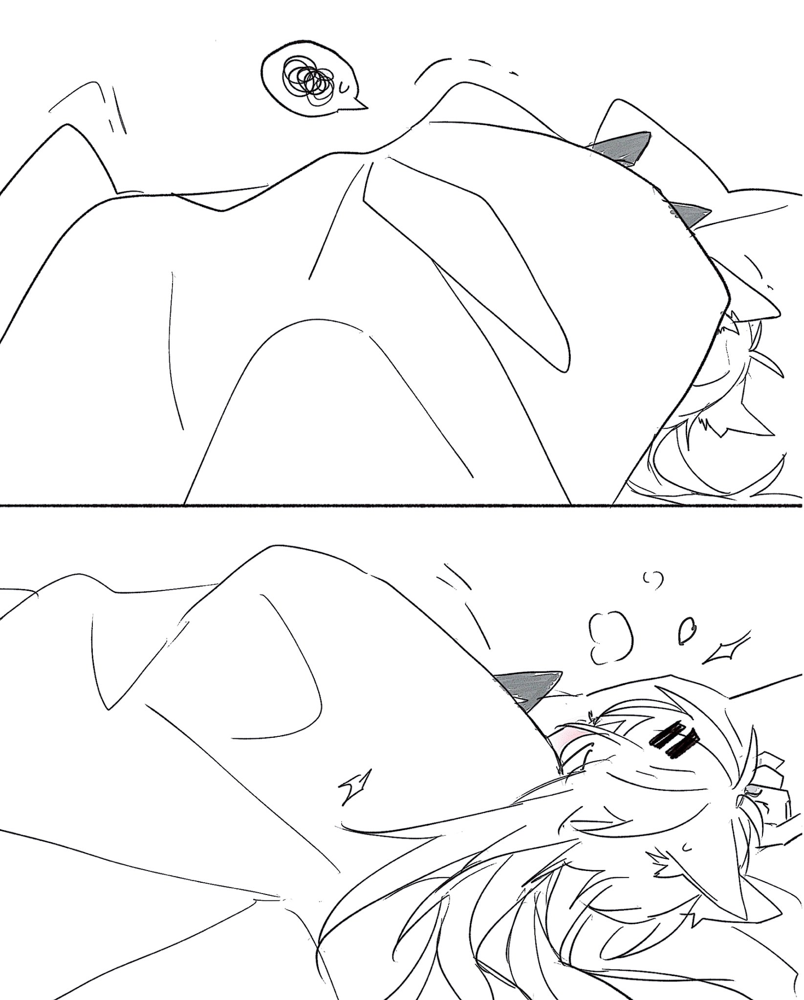 seri (vyrlw), lappland (arknights), texas (arknights), arknights, commentary, highres, symbol-only commentary, 2girls, animal ears, blush, hair ornament, hairclip, implied sex, long hair, multiple girls, spoken squiggle, squiggle, under covers, wolf ears, yuri