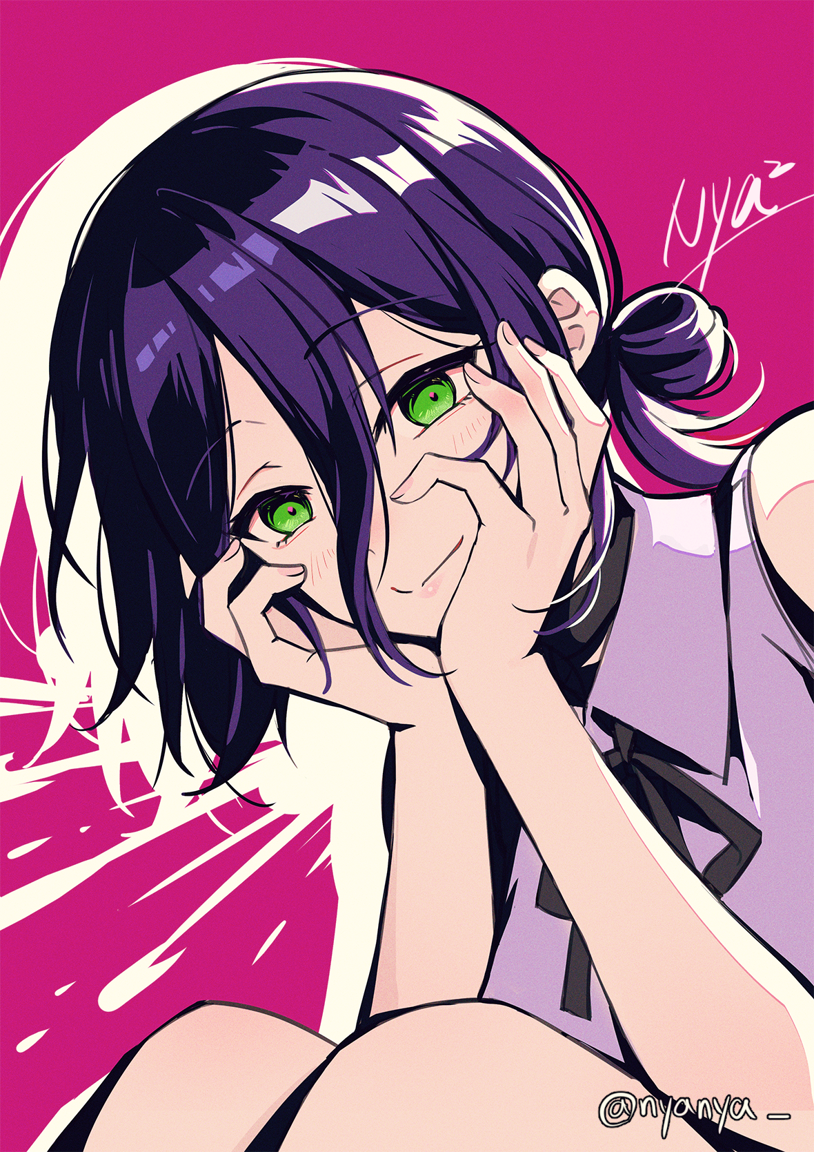 nyanya, reze (chainsaw man), chainsaw man, commentary request, highres, 1girl, bare shoulders, black ribbon, closed mouth, collared shirt, drop shadow, feet out of frame, green eyes, hair between eyes, hands up, head on hands, looking at viewer, neck ribbon, pink background, purple hair, ribbon, shirt, signature, sleeveless, sleeveless shirt, smile, solo, twitter username, white shirt