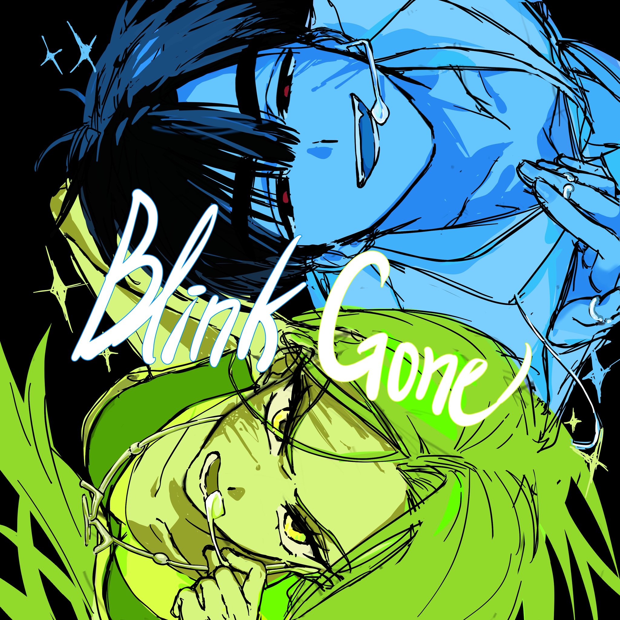 ivan (alien stage), mizi (alien stage), alien stage, commentary, english commentary, highres, 1boy, 1girl, english text, from above, hand on headset, headset, jewelry, limited palette, long hair, microphone, open mouth, red pupils, ring, short hair, song name, thumb ring, ziqua92