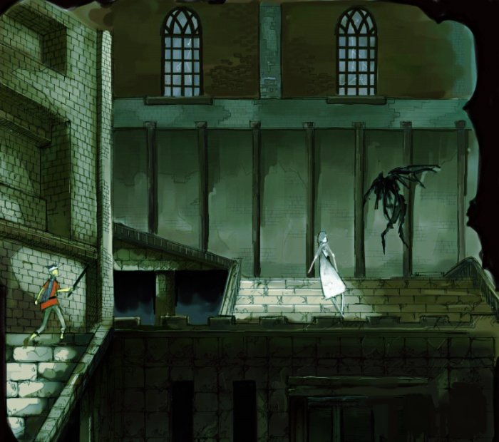 shigureteki, ico (character), yorda, ico, 1boy, 1girl, blue hair, blue scarf, building, colored skin, demon, dress, faceless, full body, grey pants, headband, holding, indoors, lightning, pants, pillar, red shirt, scarf, shirt, short hair, short sleeves, silhouette, stairs, surcoat, tabard, torch, walking, white dress, white skin, window