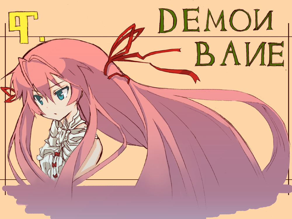 tomono, al azif (demonbane), demonbane, 00s, antenna hair, green eyes, hair ribbon, long hair, purple hair, ribbon, solo