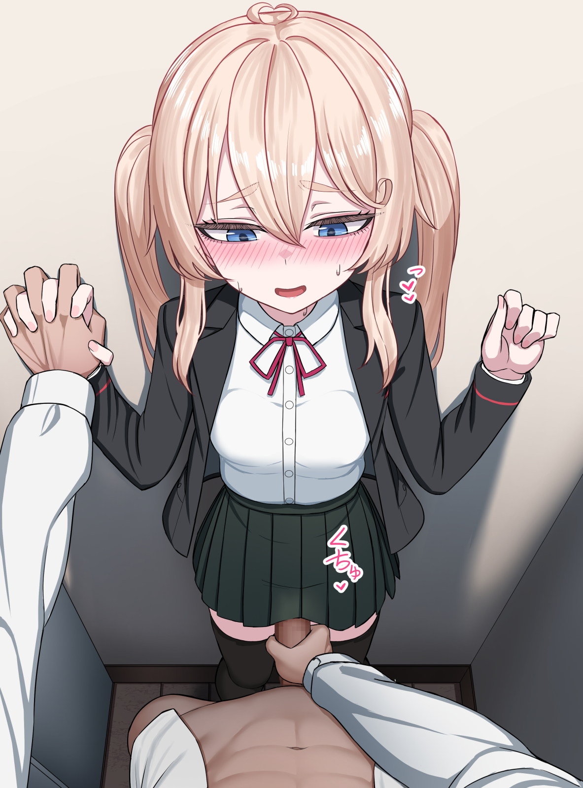 yakob labo, original, highres, 1boy, 1girl, against wall, black jacket, black thighhighs, blazer, blonde hair, blue eyes, blush, censored, clothed sex, collared shirt, green skirt, hair between eyes, hand on own penis, hetero, holding hands, interlocked fingers, jacket, long hair, long sleeves, mosaic censoring, neck ribbon, open mouth, penis, pleated skirt, pov, red ribbon, ribbon, school uniform, shirt, shirt tucked in, skirt, solo focus, standing, thighhighs, twintails, white shirt