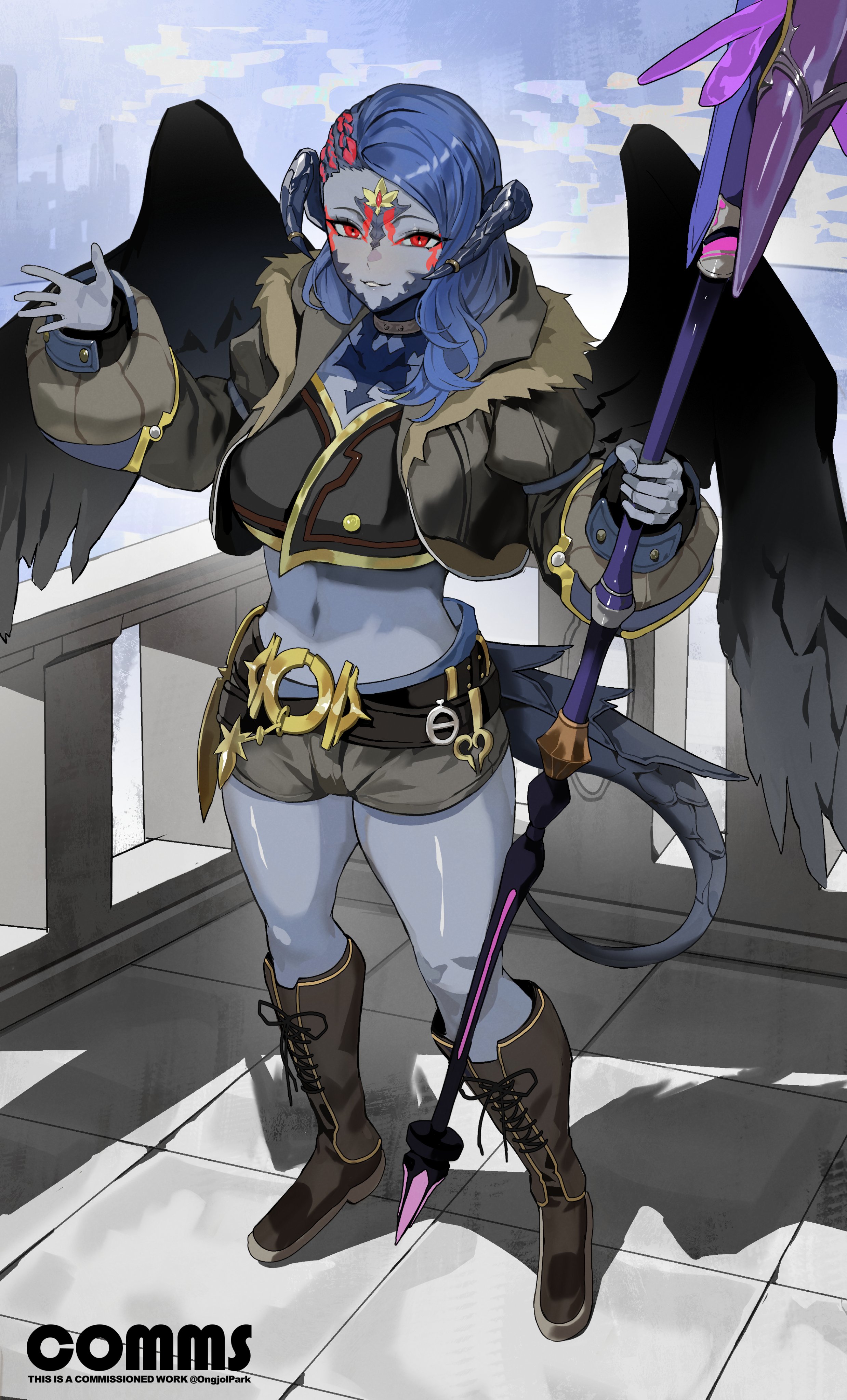 park ongjol, warrior of light (ff14), final fantasy, final fantasy xiv, original, absurdres, character request, commentary, commission, english commentary, highres, 1girl, belt, blue hair, blue scales, blue skin, blue tail, boots, brown boots, brown jacket, colored skin, cropped jacket, dragon girl, dragon tail, feathered wings, full body, fur-trimmed jacket, fur trim, grey shorts, hand up, holding, holding staff, horns, jacket, lace-up boots, long hair, long sleeves, midriff, multiple belts, outdoors, parted bangs, parted lips, puffy sleeves, red eyes, red hair, short shorts, shorts, smile, solo, staff, standing, strapless, tail, tile floor, tiles, tube top, wings