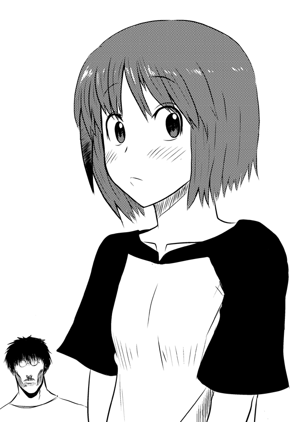 leonardo 16sei, oomori kazufusa, rabuyan (character), rabuyan, bad id, bad pixiv id, 1boy, 1girl, blush, greyscale, kazufusa, looking at viewer, monochrome, shirt, short hair, short sleeves, simple background, t-shirt, upper body, white background