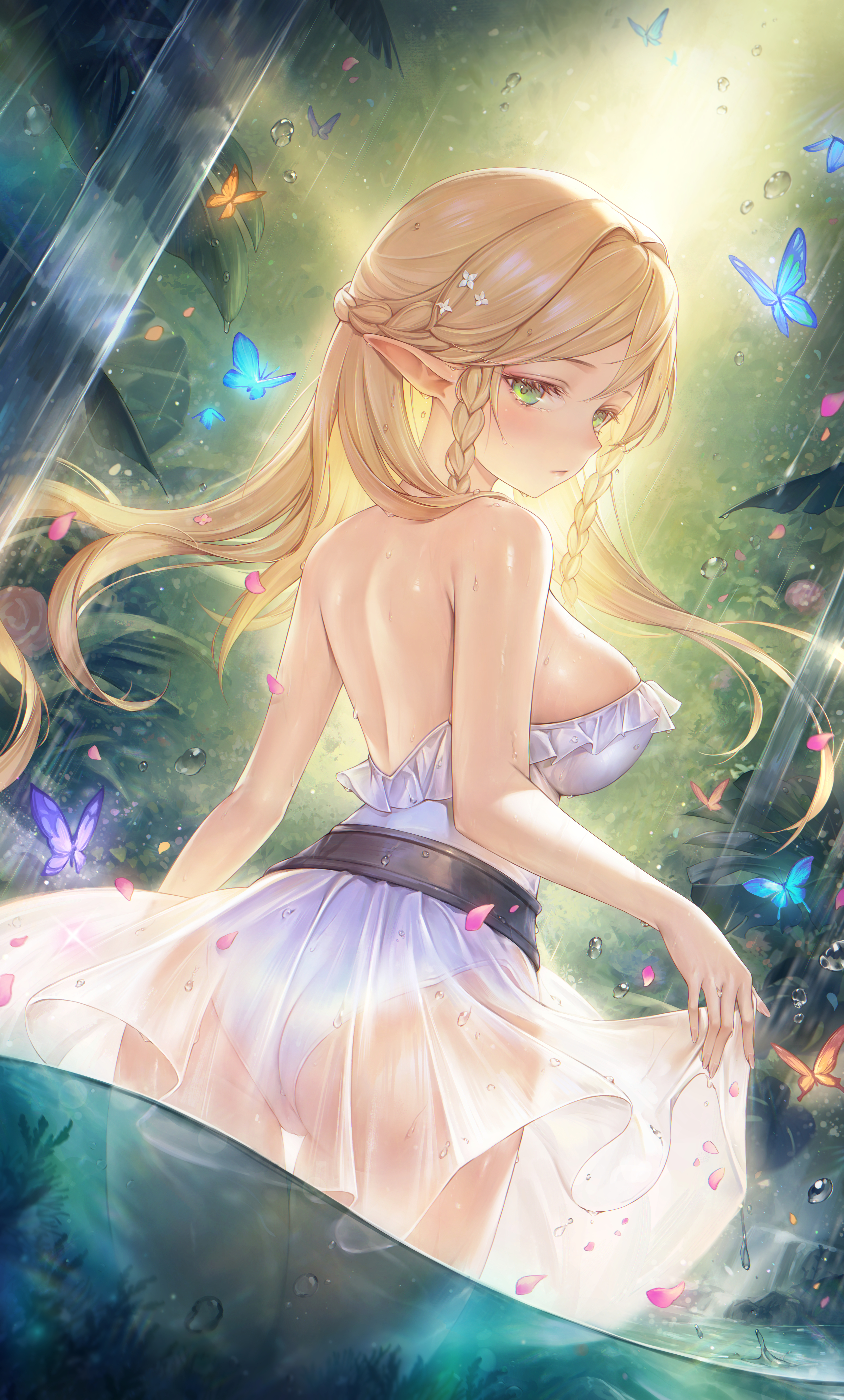 yahiro (heartseek000), eltolinde (unicorn overlord), unicorn overlord, absurdres, commentary request, highres, 1girl, bare shoulders, blonde hair, blush, braid, breasts, bug, butterfly, double-parted bangs, dress, elf, falling petals, green eyes, hair ornament, insect, large breasts, long hair, looking back, panties, petals, pointy ears, see-through clothes, see-through dress, see-through skirt, skirt, sleeveless, solo, underwear, wading, water, white dress, white panties