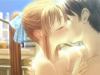 ebina souichi, nanami (tokyo lover), tokyo lover, animated, animated gif, hybrid animation, lowres, 1boy, 1girl, blush, body blush, bow, brown hair, closed eyes, couple, faceless, faceless male, hair bow, hair ornament, hair ribbon, hand on another's chest, hands on another's chest, hetero, hug, kiss, long hair, nude, ponytail, qvga, ribbon
