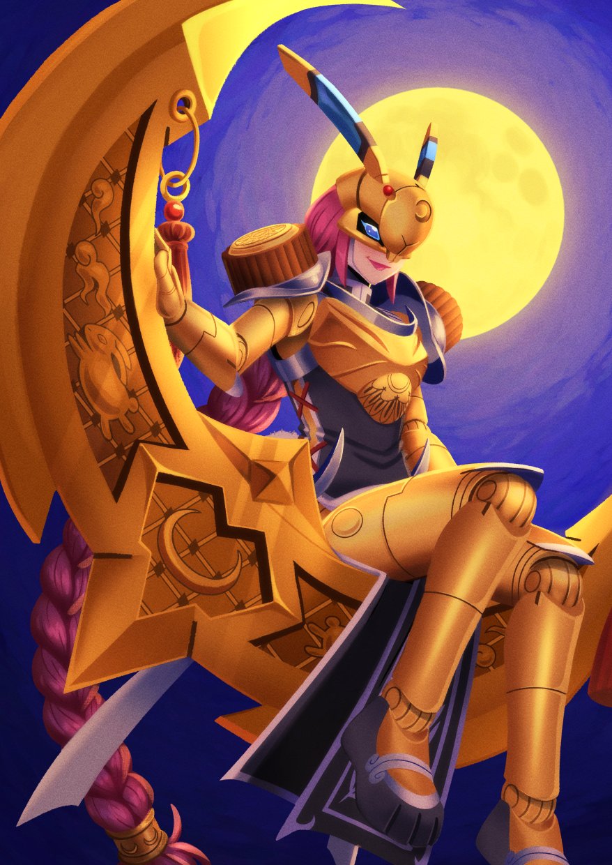 shenani, jougamon, digimon, highres, 1girl, armor, blue eyes, braid, crescent, digimon (creature), full moon, gold armor, gold helmet, long hair, moon, night, pink hair, sitting, solo