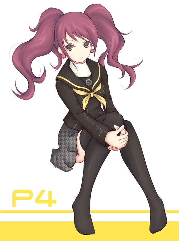 fuwa yahiko, kujikawa rise, atlus, persona, persona 4, 1girl, black serafuku, black thighhighs, female focus, full body, long hair, long sleeves, looking at viewer, neckerchief, sailor collar, school uniform, serafuku, solo, thighhighs, twintails, zettai ryouiki