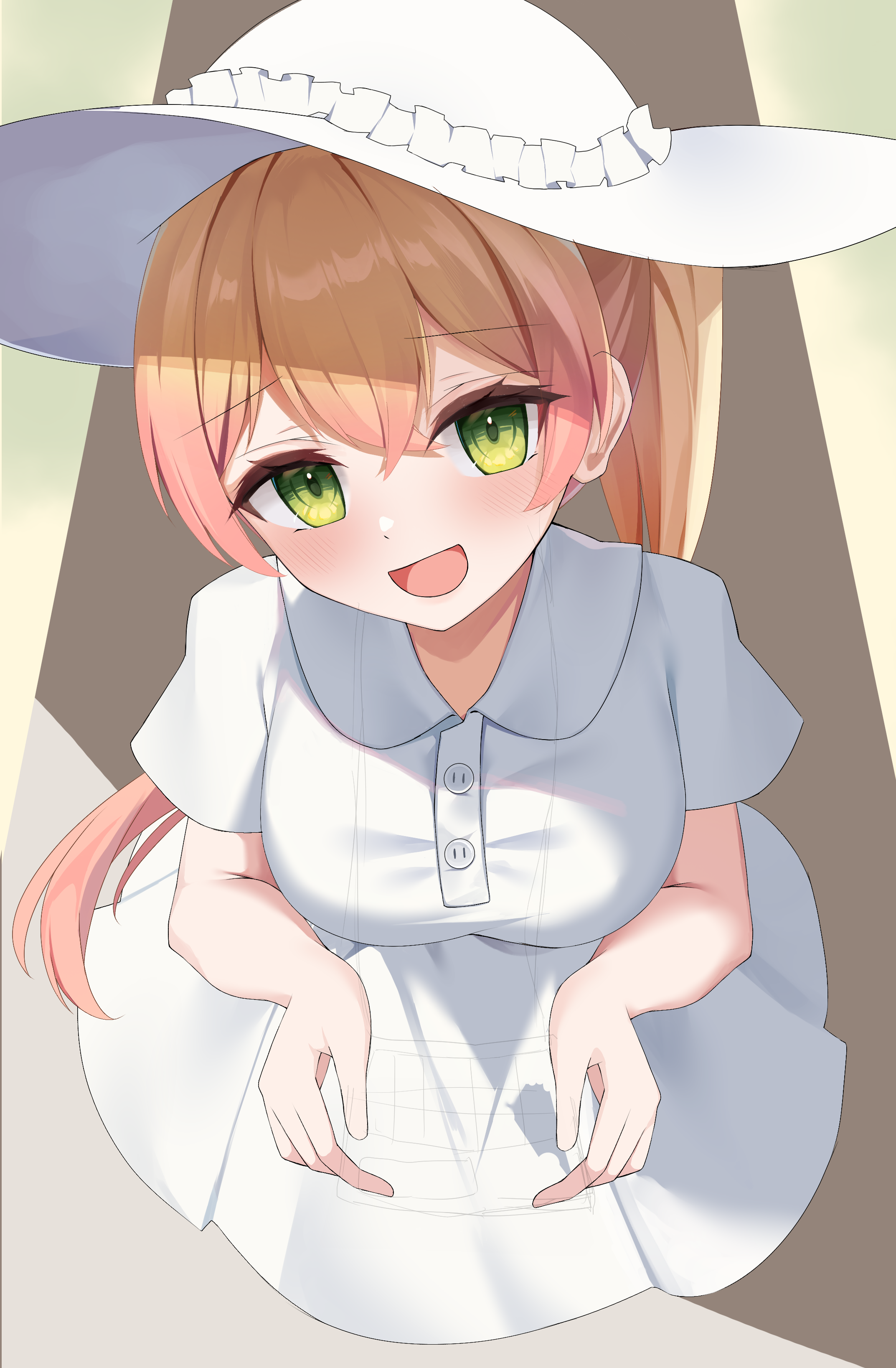 cet (hajisirazunoko), momosuzu nene, hololive, absurdres, highres, 1girl, blush, breasts, dress, hair between eyes, hat, large breasts, long hair, looking at viewer, open mouth, pink hair, ponytail, short sleeves, smile, solo, sun hat, sundress, virtual youtuber, white dress, white hat