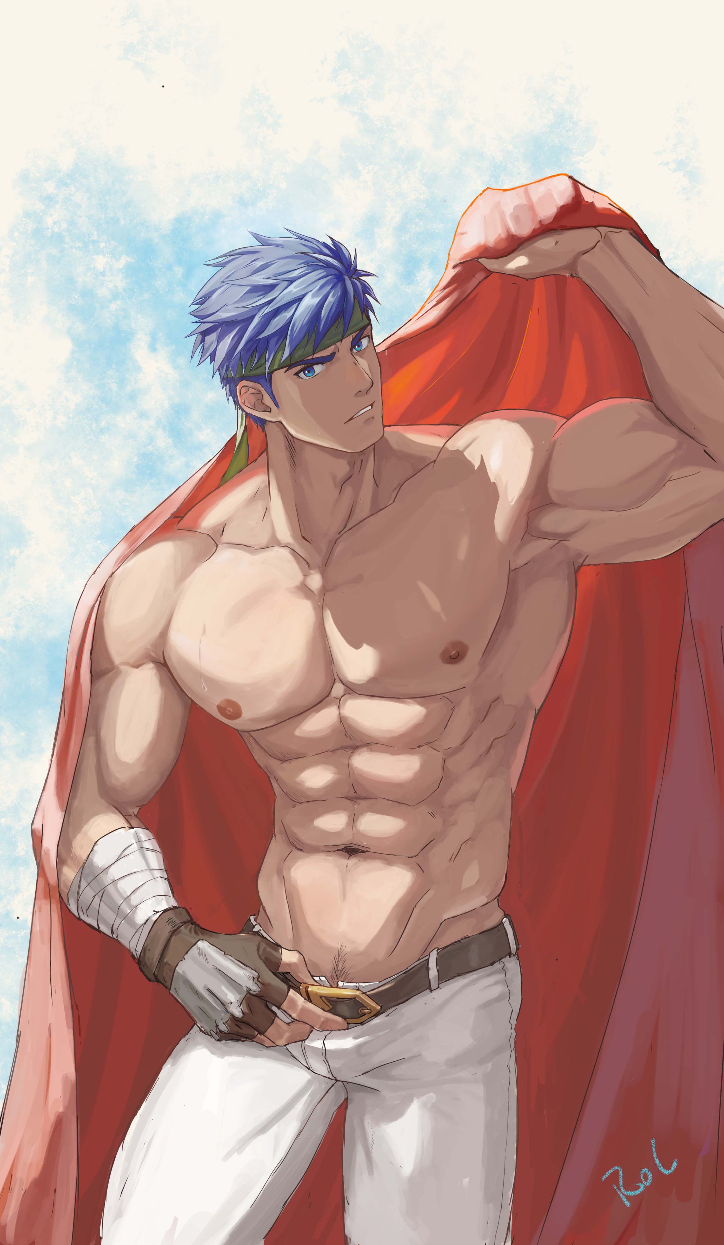 rol 730, ike (fire emblem), fire emblem, fire emblem: radiant dawn, nintendo, absurdres, commentary, highres, 1boy, abs, artist name, bara, belt, blue eyes, blue hair, cape, green headband, headband, holding, holding unworn cape, holding unworn clothes, large pectorals, looking at viewer, male focus, muscular, muscular male, navel, navel hair, nipples, pants, parted lips, pectorals, short hair, solo, topless male, unworn cape