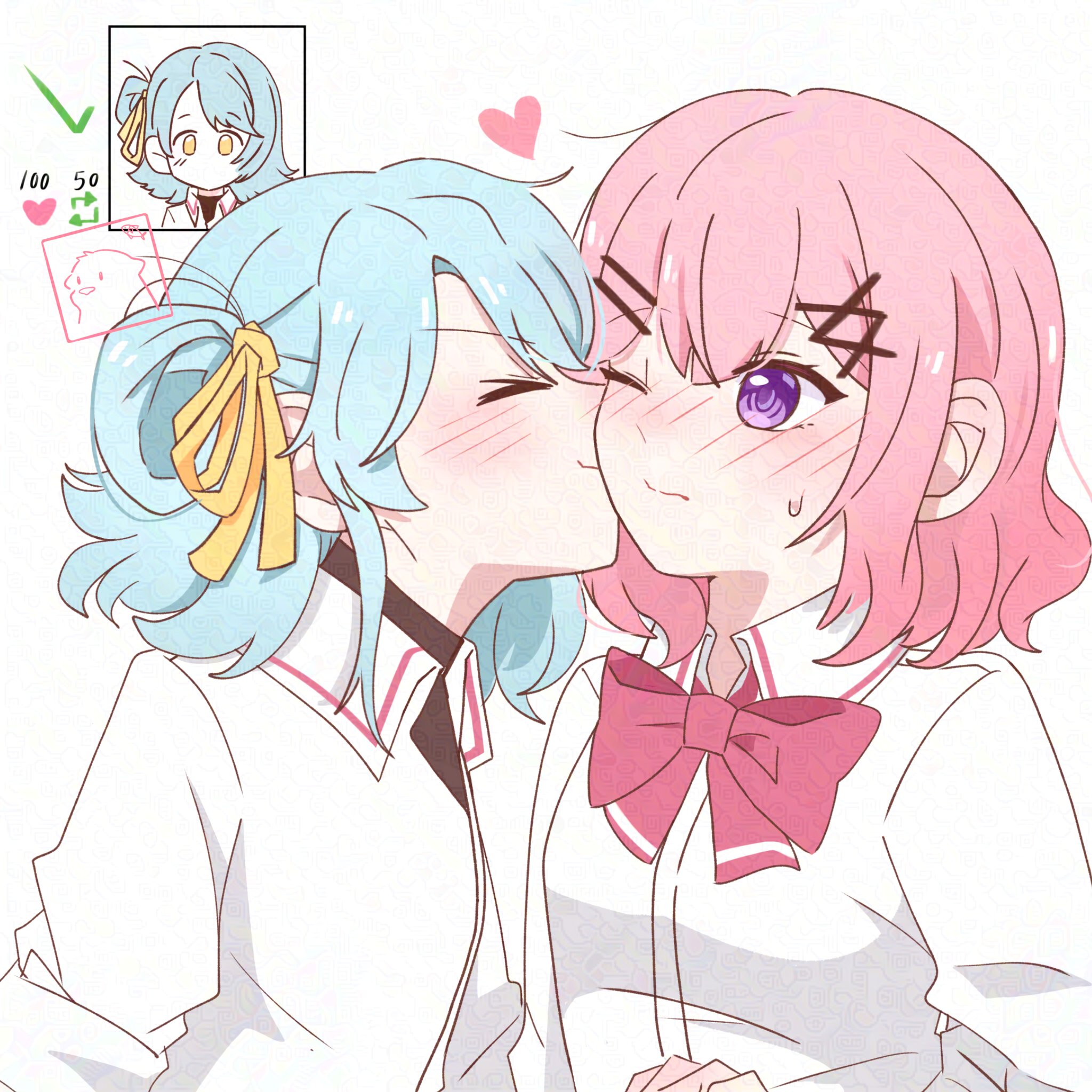 hiseu24, amaori renako, koyanagi kaho, watashi ga koibito ni nareru wake naijan murimuri!, highres, 2girls, blue hair, blush, bow, bowtie, closed eyes, closed mouth, collared shirt, heart, kiss, kissing cheek, medium hair, multiple girls, one eye closed, one side up, pink bow, pink bowtie, pink hair, purple eyes, school uniform, shirt, simple background, white background, white shirt, yuri