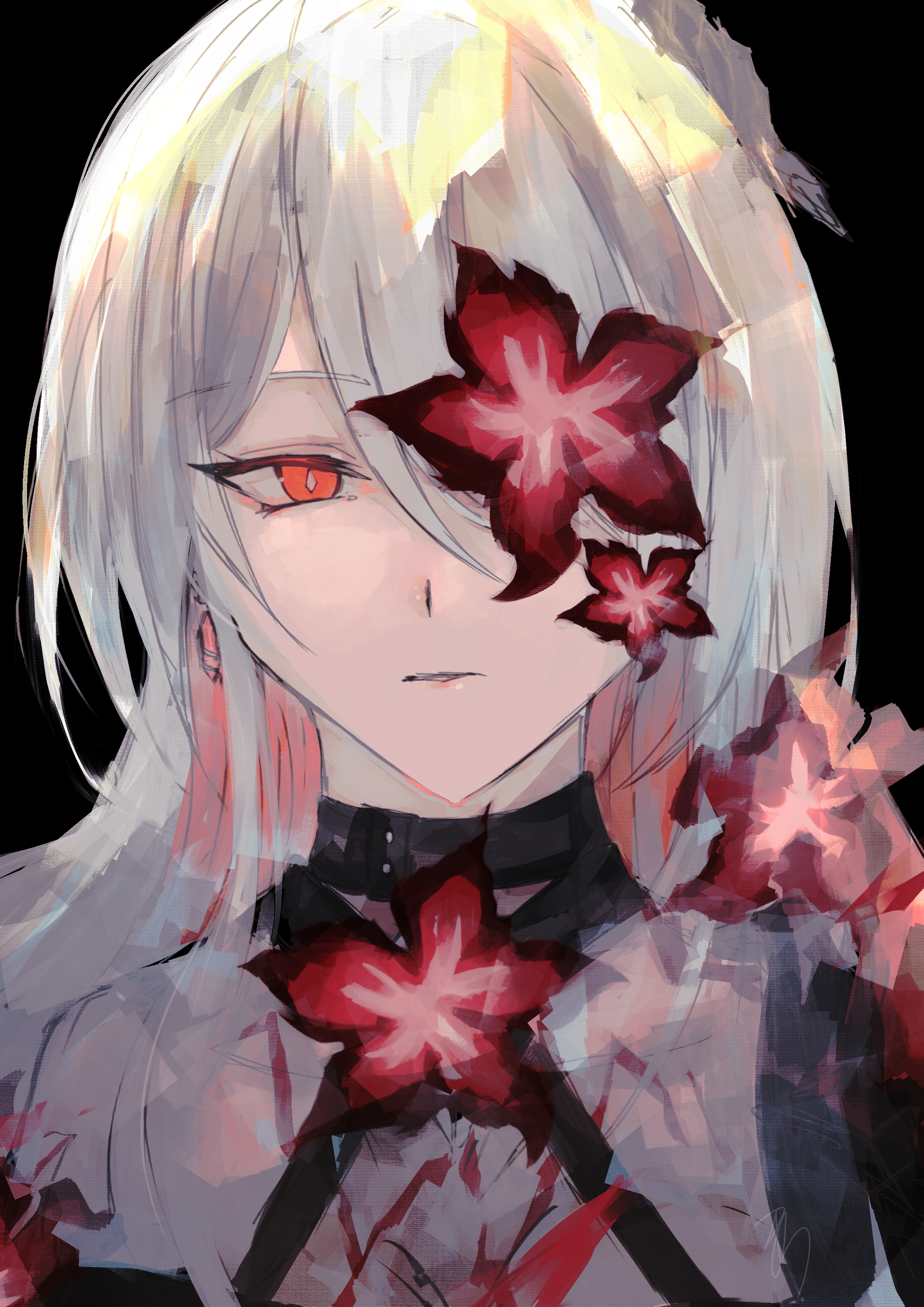 koyochi (koyochi0716), acheron (honkai: star rail), honkai: star rail, honkai (series), absurdres, highres, 1girl, black background, choker, close-up, colored skin, earrings, flower, hair over one eye, jewelry, looking at viewer, parted lips, red eyes, red flower, red skin, single earring, slit pupils, white hair