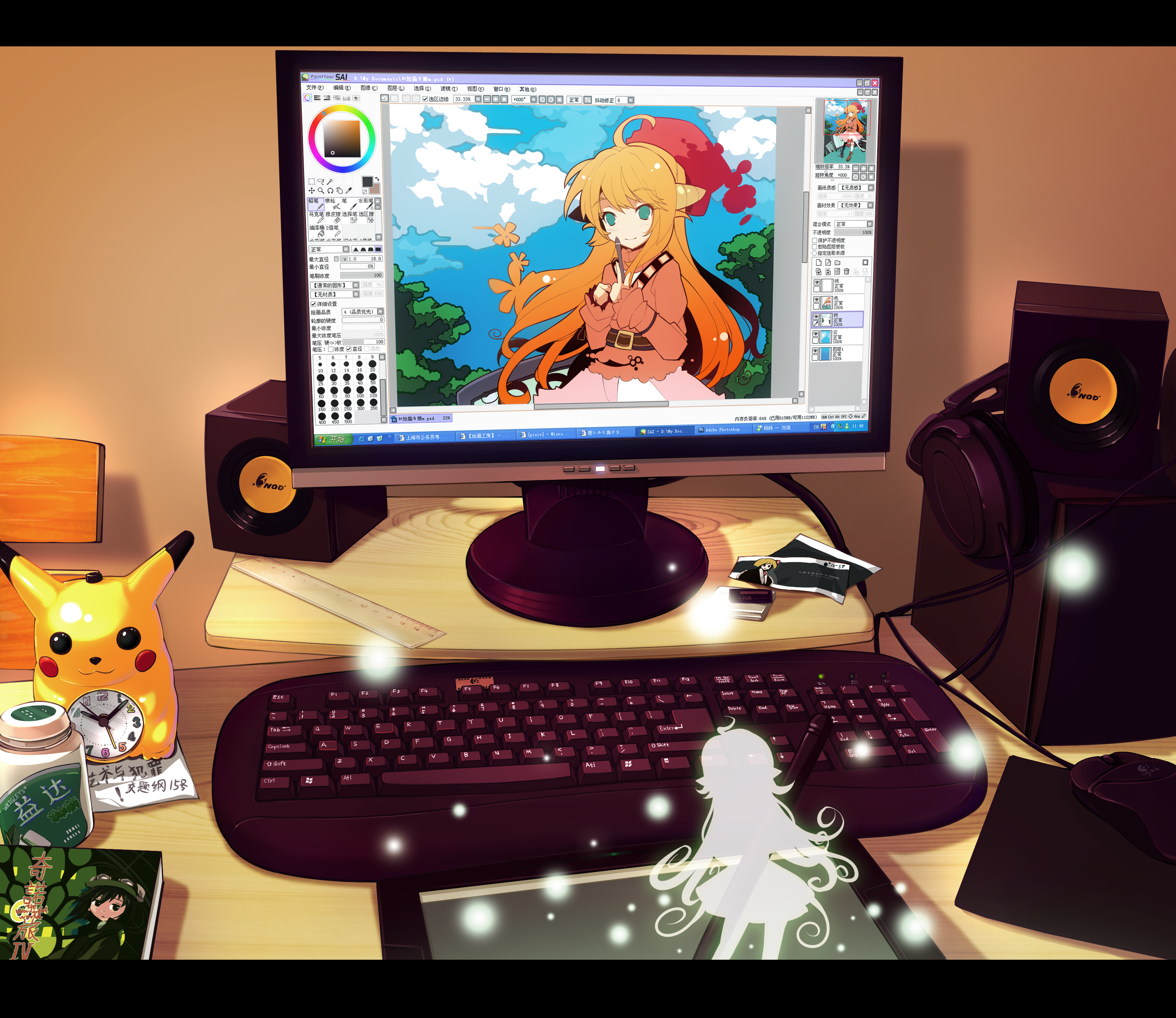 ideolo, kino (kino no tabi), ootori rika, pikachu, rumia, kino no tabi, nintendo, original, painttool sai, pokemon, touhou, tablet, absurdres, highres, 00s, 1girl, ahoge, artistic error, blonde hair, chinese text, clock, computer, computer keyboard, female focus, gen 1 pokemon, green eyes, headphones, keyboard, letterboxed, monitor, mousepad (object), pokemon (creature), red eyes, simplified chinese text, solo, speaker, stylus