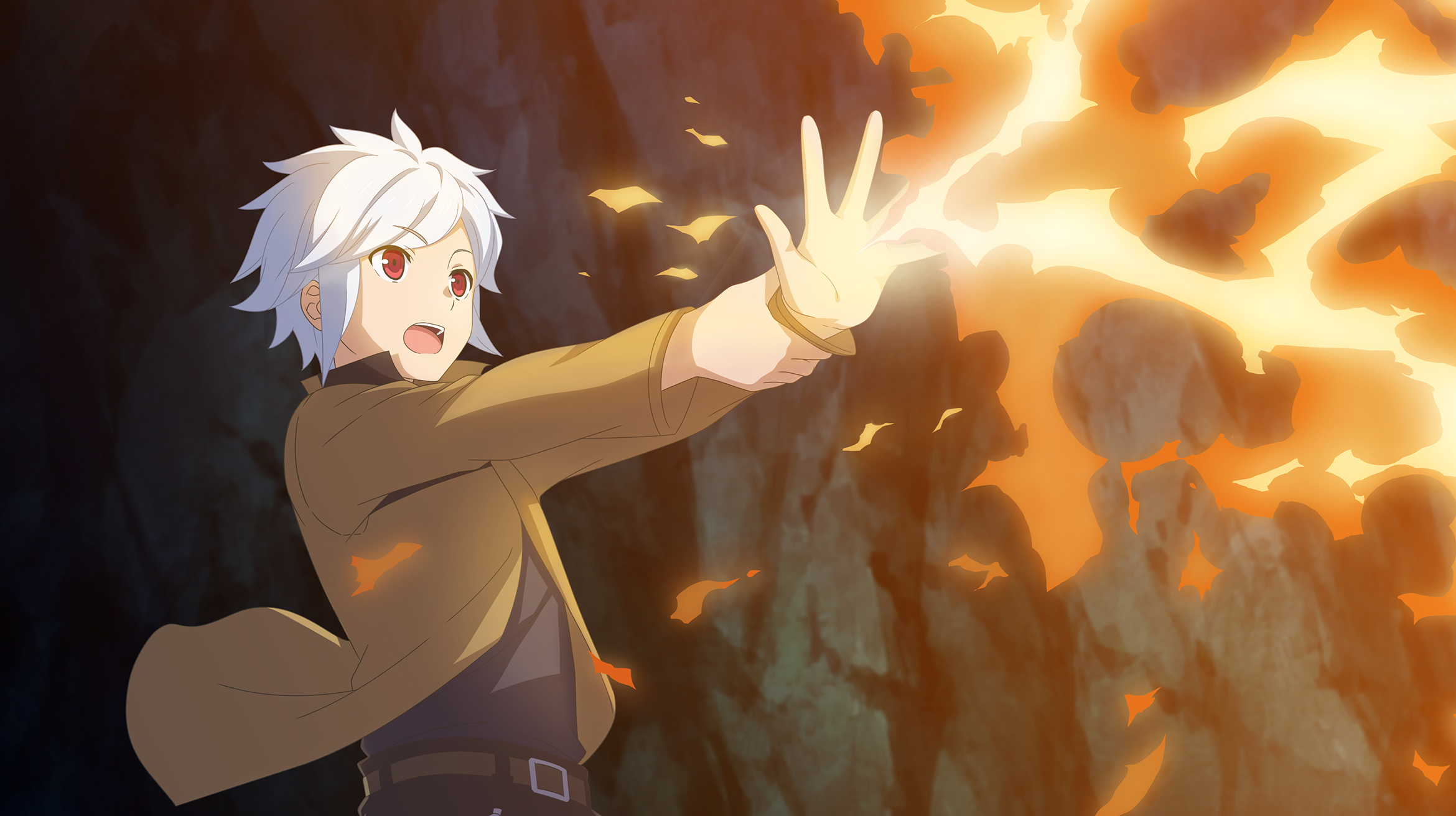 bell cranel, danmachi battle chronicle, dungeon ni deai wo motomeru no wa machigatteiru darou ka, game cg, highres, non-web source, official art, 1boy, anime coloring, belt, black shirt, brown belt, brown jacket, cave interior, fire, hand on own arm, holding own arm, jacket, magic, male focus, open mouth, outstretched arm, outstretched hand, red eyes, shirt, short hair, solo, surprised, white hair