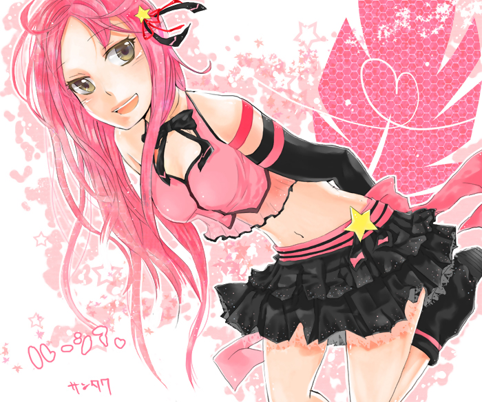 miyake achi, lucia, lucia (pangya), pangya, bad id, bad pixiv id, 1girl, female focus, long hair, pink hair, ribbon, skirt, solo, star (symbol), yellow eyes