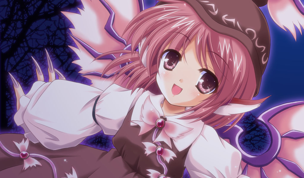 yamu (reverse noise), mystia lorelei, touhou, 1girl, animal ears, dress, female focus, fingernails, gradient background, hat, long fingernails, nail (hardware), nature, night, outdoors, pink eyes, pink hair, plant, short hair, sky, solo, wings