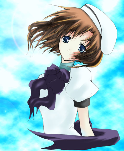 ryuuguu rena, higurashi no naku koro ni, non-web source, 00s, beret, blue eyes, brown hair, dress, hat, short hair, solo