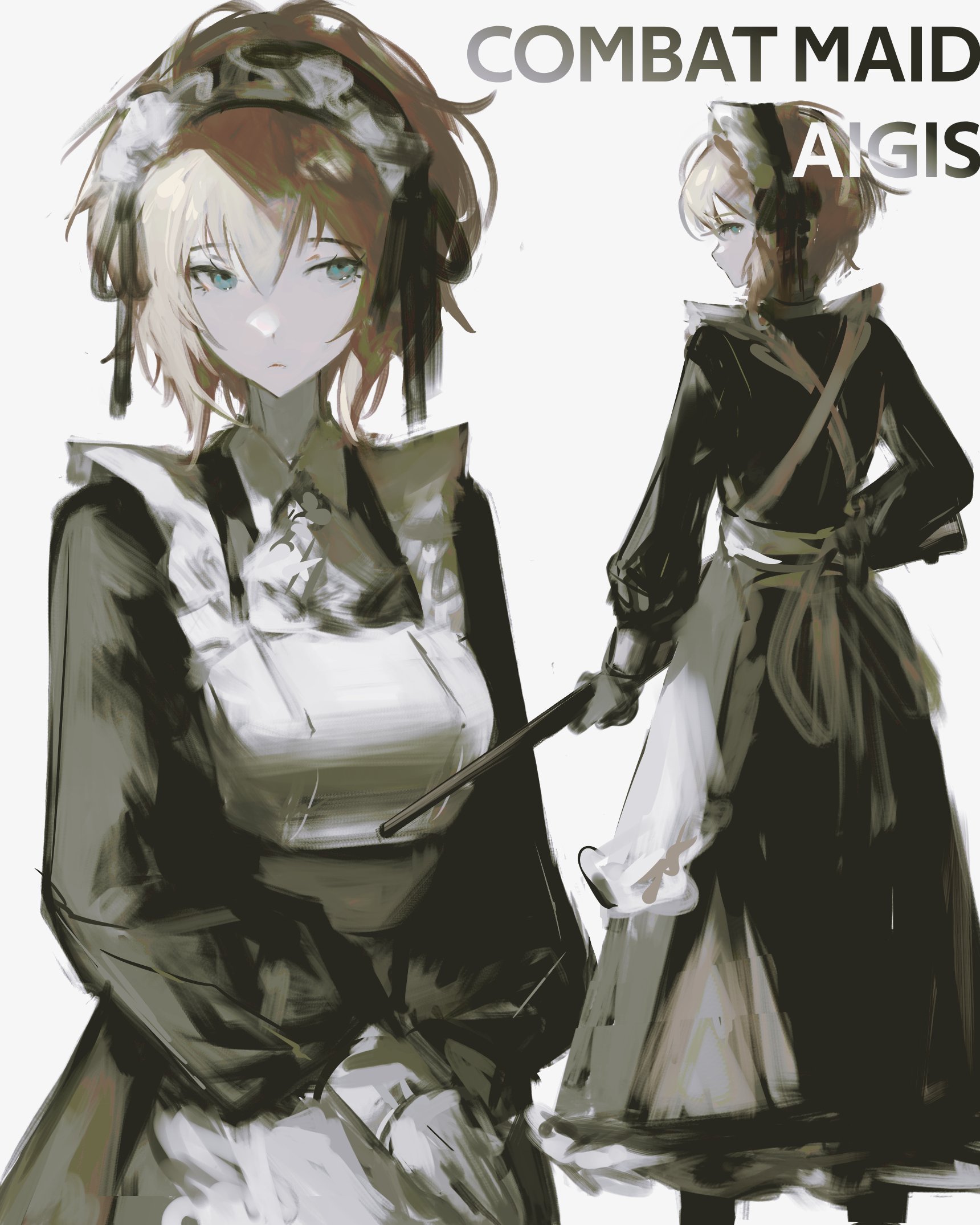 k1kiwa, aigis (persona), persona, persona 3, persona 3 reload, commentary request, highres, 1girl, alternate costume, apron, black dress, black hairband, blonde hair, blue eyes, character name, closed mouth, cowboy shot, dress, english text, enmaided, feet out of frame, from behind, gun, hair between eyes, hairband, holding, holding gun, holding weapon, long sleeves, looking to the side, maid, maid apron, multiple views, own hands together, short hair, shotgun, simple background, weapon, white apron, white background