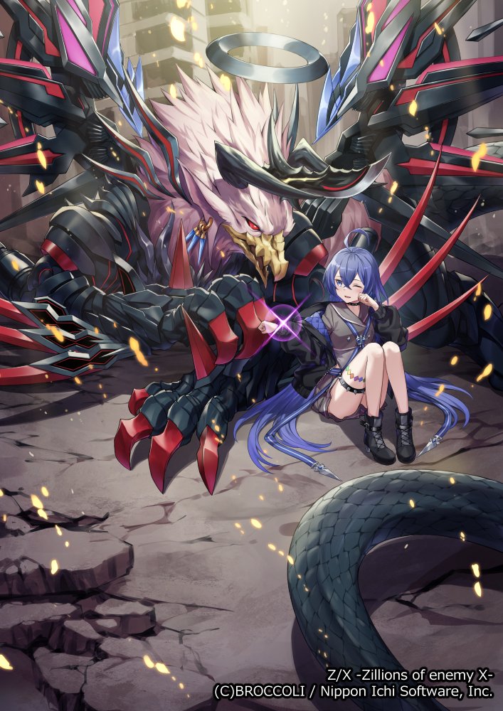 yoshimo (yoshimo1516), kamiyugi yachiyo, z/x, official art, 1girl, ahoge, almotaher (z/x), bird monster, black halo, black jacket, black shirt, black shoes, black skirt, blue eyes, copyright notice, halo, horns, jacket, long hair, one eye closed, open clothes, open jacket, purple hair, red eyes, rubbing eyes, shirt, shoes, sitting, skirt, sparkle, tail, wings
