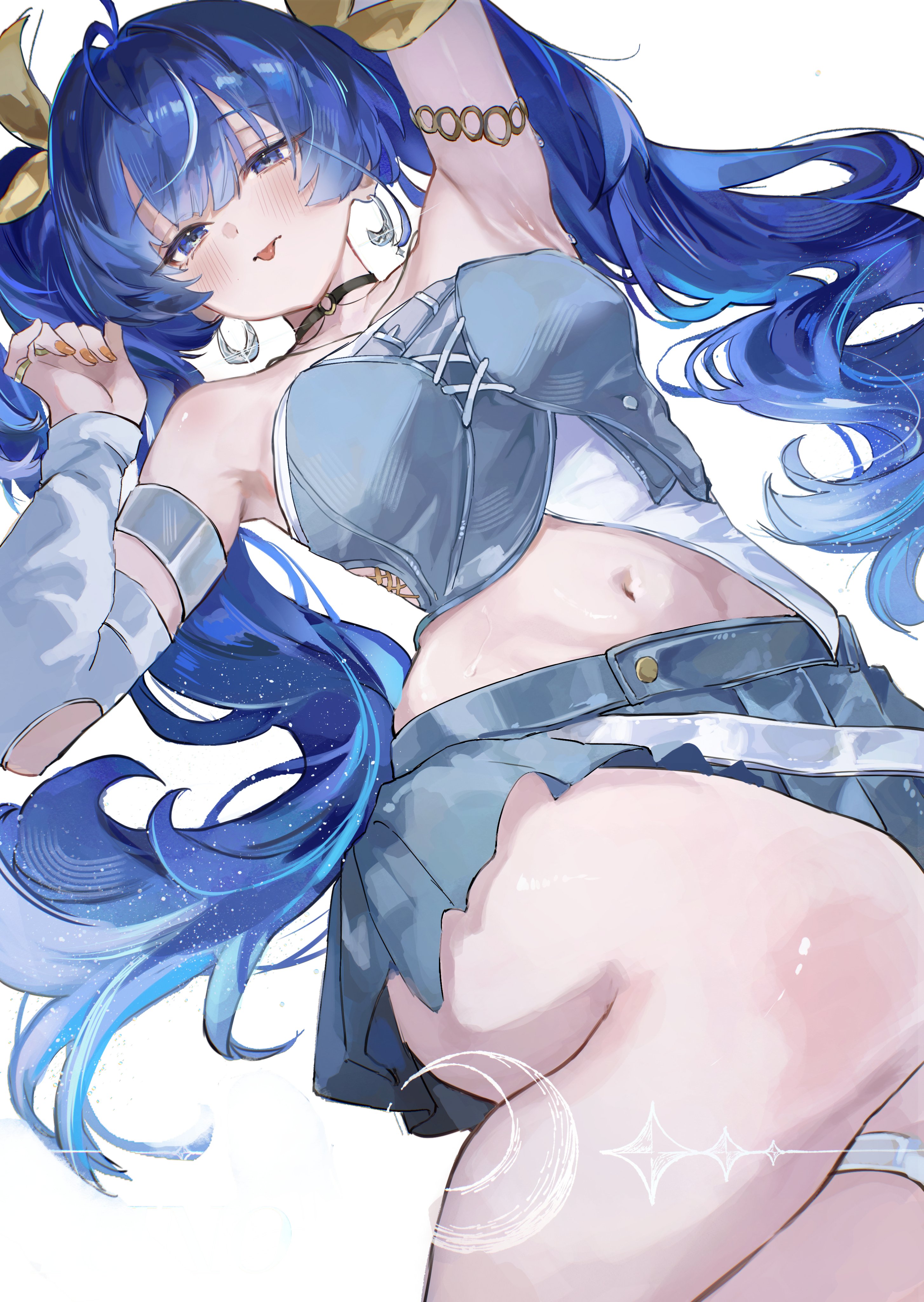 origonz, iuno (wuthering waves), wuthering waves, absurdres, commentary, highres, 1girl, :p, arm up, armpits, bare shoulders, black choker, blue eyes, blue hair, blue skirt, breasts, choker, crescent, crescent earrings, earrings, feet out of frame, fingernails, hand up, jewelry, long hair, looking at viewer, medium breasts, multicolored hair, nail polish, navel, official alternate costume, orange nails, ring, skirt, solo, stomach, streaked hair, tongue, tongue out, twintails, very long hair