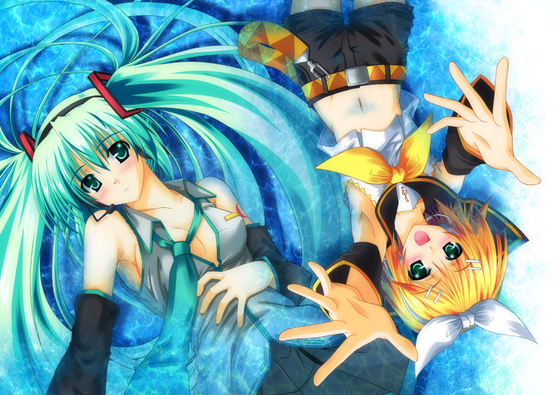 aoi hiro, hatsune miku, kagamine rin, vocaloid, 2girls, blonde hair, blush, detached sleeves, green eyes, green hair, headset, lying, midriff, multiple girls, navel, necktie, open clothes, open shirt, outstretched arms, outstretched hand, reaching, shirt, shorts, twintails