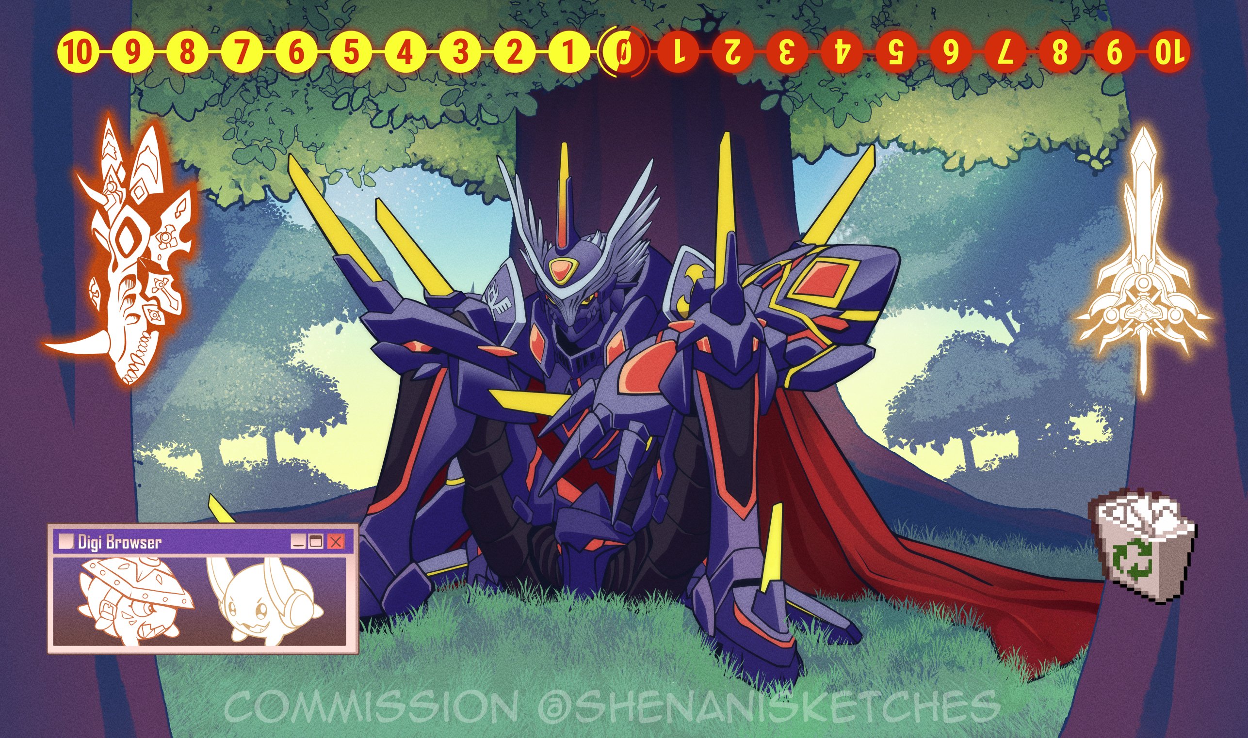 shenani, bryweludramon, durandamon, ragnalordmon, sakuttomon, digimon, digimon card game, commission, highres, armor, blue armor, blue helmet, cape, digimon (creature), full body, helmet, kakkinmon, knight, outdoors, red cape, sitting, solo, trash can, tree, twitter username, winged helmet, yellow eyes