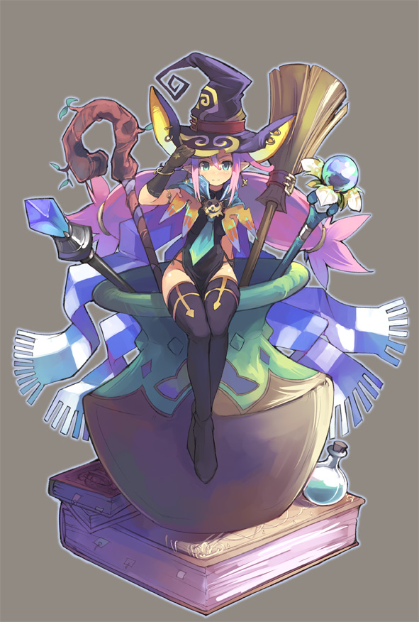 shibano kaito, original, 1girl, bangle, black thighhighs, blue eyes, blush, book, bracelet, broom, female focus, gloves, hat, jewelry, light smile, panties, pink hair, pointy ears, side-tie panties, sitting, solo, staff, string panties, thighhighs, underwear, wand, witch hat