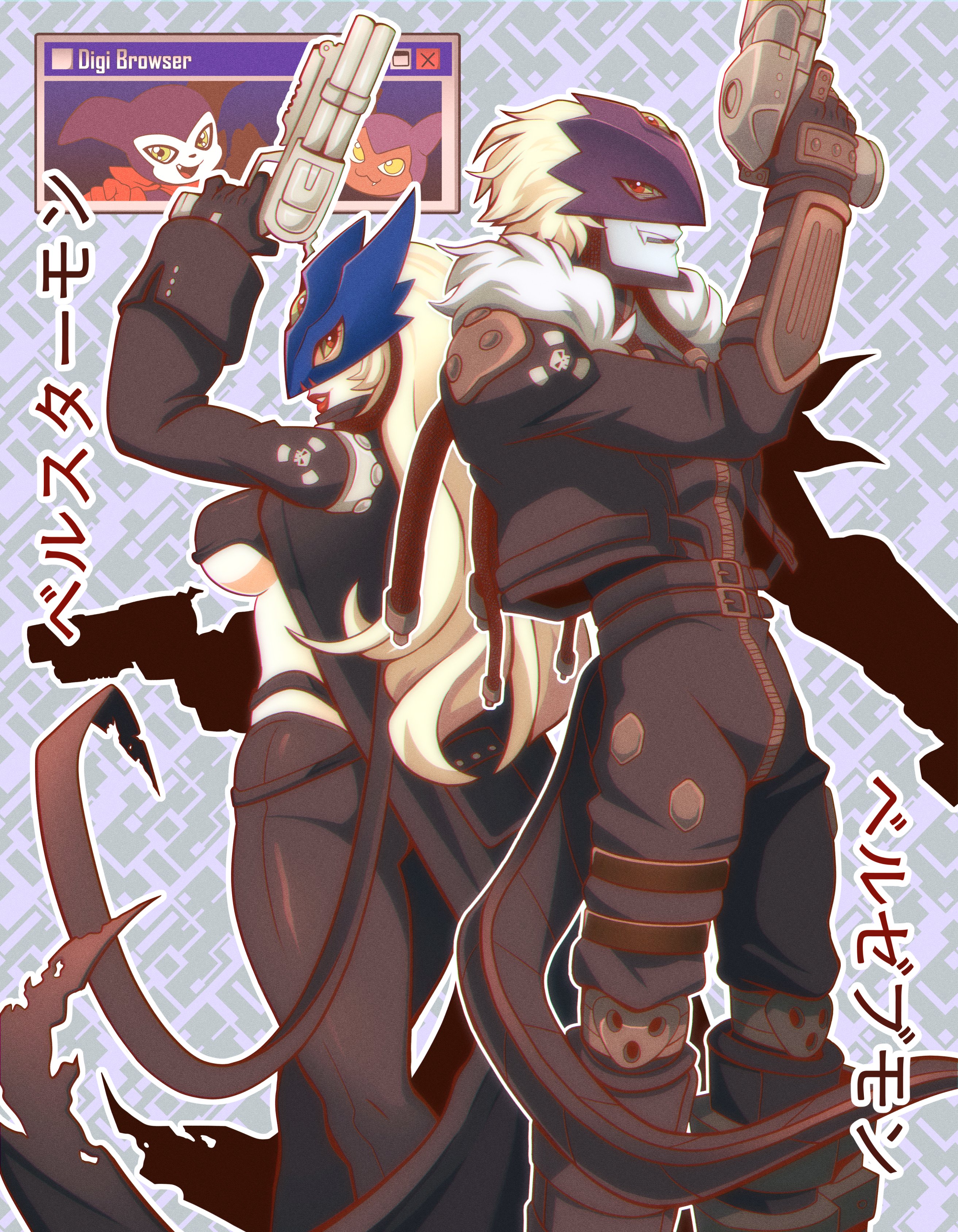 shenani, beelstarmon, beelzebumon, impmon, yarmon, digimon, absurdres, highres, 1boy, 1girl, arm up, black coat, black gloves, black jacket, black pants, blonde hair, breasts, character name, coat, cowboy shot, cropped jacket, digimon (creature), dual wielding, finger on trigger, gloves, grey background, gun, holding, holding gun, holding weapon, jacket, large breasts, long hair, pants, red eyes, red lips, simple background, third eye, underboob, weapon