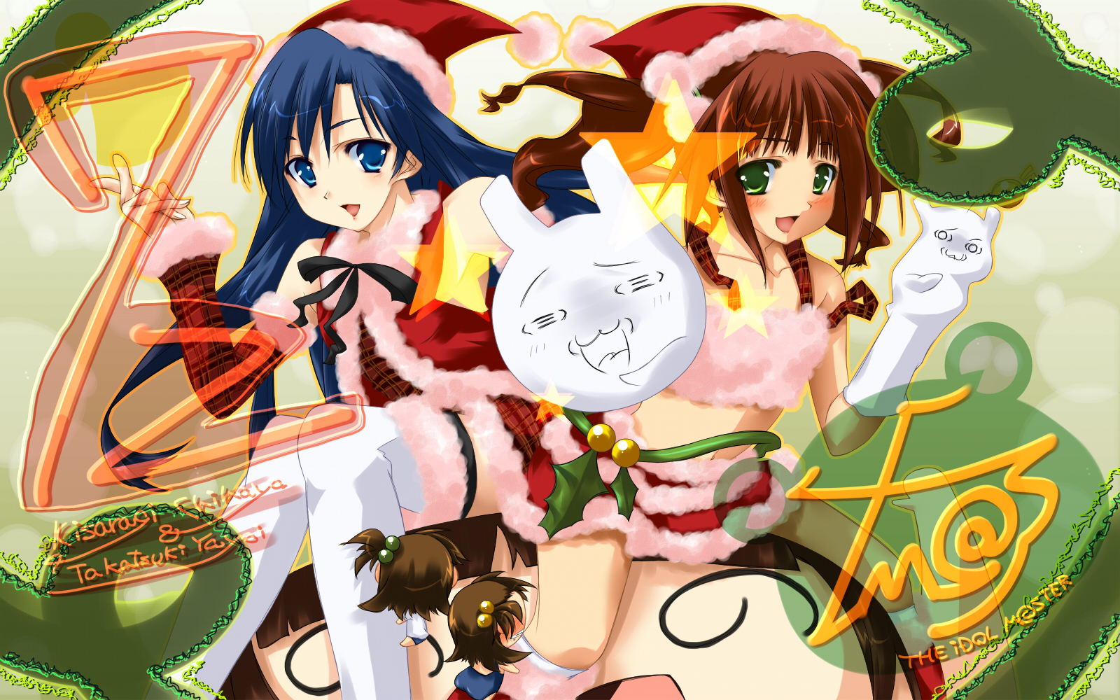 43 (pixiv218264), aaii, futami ami, futami mami, kisaragi chihaya, nonowa, takatsuki yayoi, idolmaster, idolmaster (classic), bad id, bad pixiv id, highres, 00s, 4girls, ass, blue eyes, blue hair, brown hair, chibi, christmas, detached sleeves, gloves, green eyes, hat, long hair, multiple girls, ribbon, santa costume, santa hat, siblings, sisters, thighhighs, twins, twintails