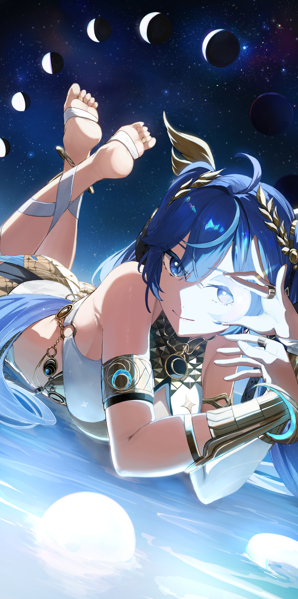 ailushin, iuno (wuthering waves), wuthering waves, commentary, english commentary, highres, 1girl, ahoge, armlet, bare shoulders, barefoot, blue eyes, blue hair, breasts, closed mouth, crescent, dutch angle, feet, fingernails, holding, jewelry, laurel crown, looking at viewer, lying, medium breasts, multicolored hair, night, night sky, on stomach, sky, smile, soles, solo, star (sky), starry sky, streaked hair, the pose, toes, vambraces
