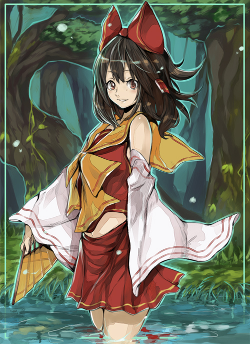 akishima kei, hakurei reimu, touhou, 1girl, ascot, bare shoulders, bow, brown eyes, brown hair, detached sleeves, female focus, forest, full body, hair bow, looking at viewer, looking back, nature, neckerchief, plant, pleated skirt, pond, red bow, red skirt, short hair, skirt, solo, standing, tree, vest, wading, water, wetland