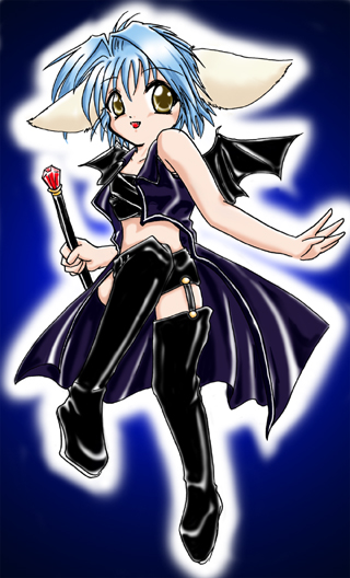 mint blancmanche, galaxy angel, non-web source, 00s, 1girl, animal ears, bat wings, blue hair, demon, female focus, short hair, solo, thighhighs, wand, wings, yellow eyes
