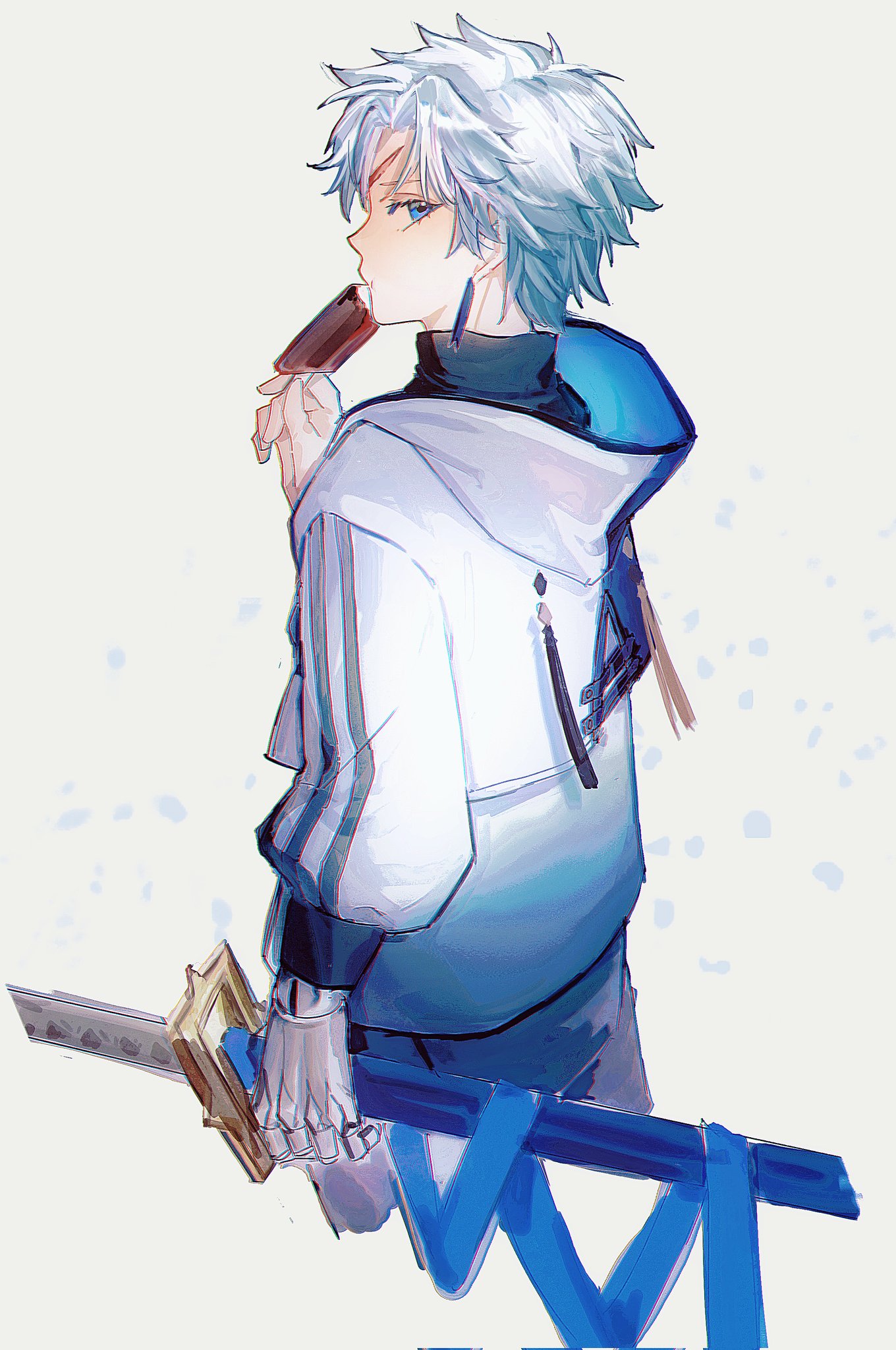 yezizizzzz02, fate/grand order, fate (series), highres, 1boy, black pants, black shirt, blue eyes, earrings, eating, food, holding, holding food, holding ice cream, holding sword, holding weapon, hood, hooded jacket, ice cream, ice cream bar, jacket, jewelry, katana, looking at viewer, pants, prosthesis, prosthetic arm, scar, scar on face, scar on forehead, sheath, sheathed, shirt, solo, sword, toudou heisuke (fate), triple vertical stripe, turtleneck, weapon, white hair, white jacket