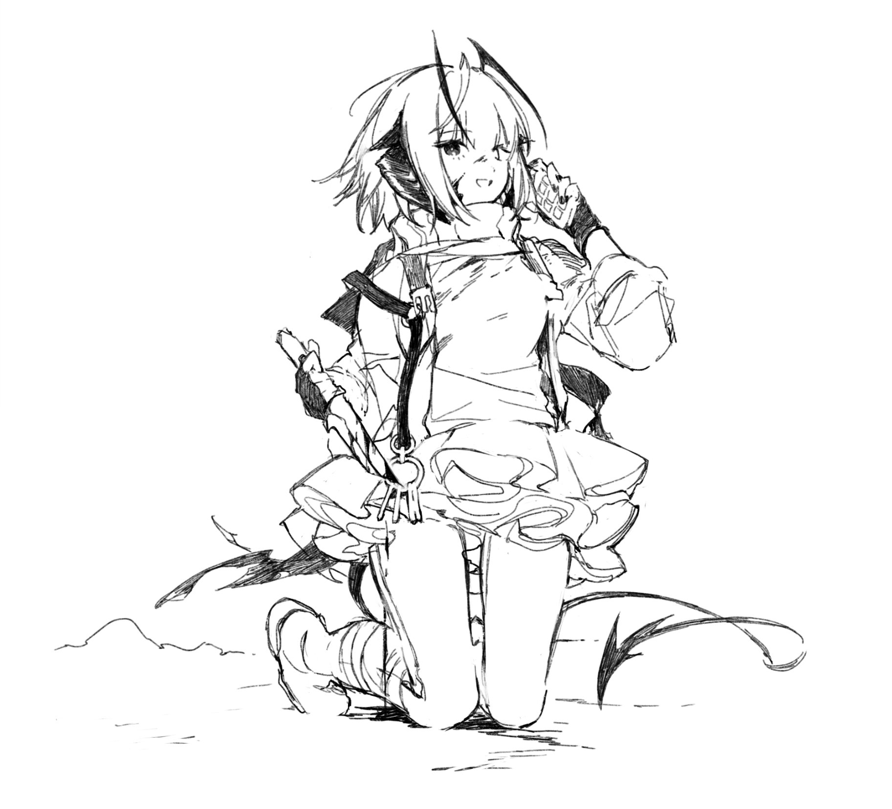 jixing, w (arknights), arknights, highres, 1girl, :d, black gloves, blood, blood on face, bloody knife, bloody weapon, breasts, demon girl, demon horns, demon tail, detonator, dot nose, dress, fingerless gloves, full body, gloves, greyscale, holding, holding detonator, holding knife, horns, kneeling, knife, long sleeves, looking at viewer, medium breasts, medium hair, monochrome, open mouth, scarf, short dress, simple background, smile, solo, tail, weapon, white background