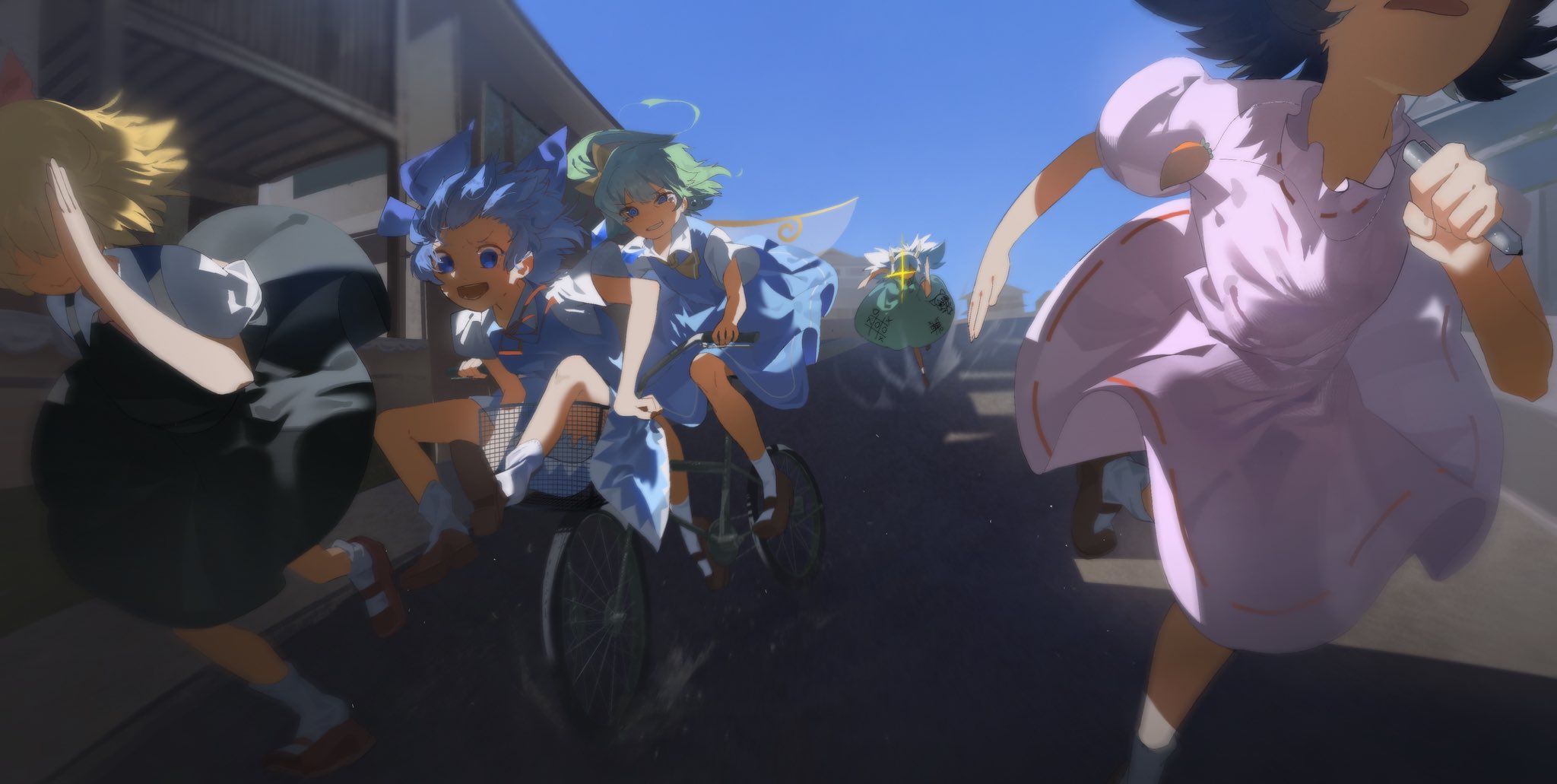kinoko (kino2435006), cirno, daiyousei, inaba tewi, kamishirasawa keine, kamishirasawa keine (hakutaku), rumia, touhou, commentary request, highres, bicycle, bicycle basket, black dress, black hair, blonde hair, blue dress, blue hair, brown shoes, carrot necklace, chasing, closed mouth, dress, fairy, fairy wings, green dress, green hair, hair ribbon, horns, ice, ice wings, jewelry, long hair, medium hair, necklace, open mouth, outdoors, pink dress, ribbon, riding, riding bicycle, running, shirt, shoes, short sleeves, side ponytail, smile, socks, teeth, white shirt, white socks, wings