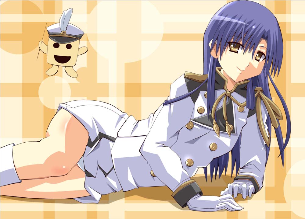 shin'ya (nanp), kisaragi chihaya, idolmaster, idolmaster (classic), 00s, 1girl, band uniform, blue hair, female focus, long hair, panties, skirt, solo, underwear, yellow eyes